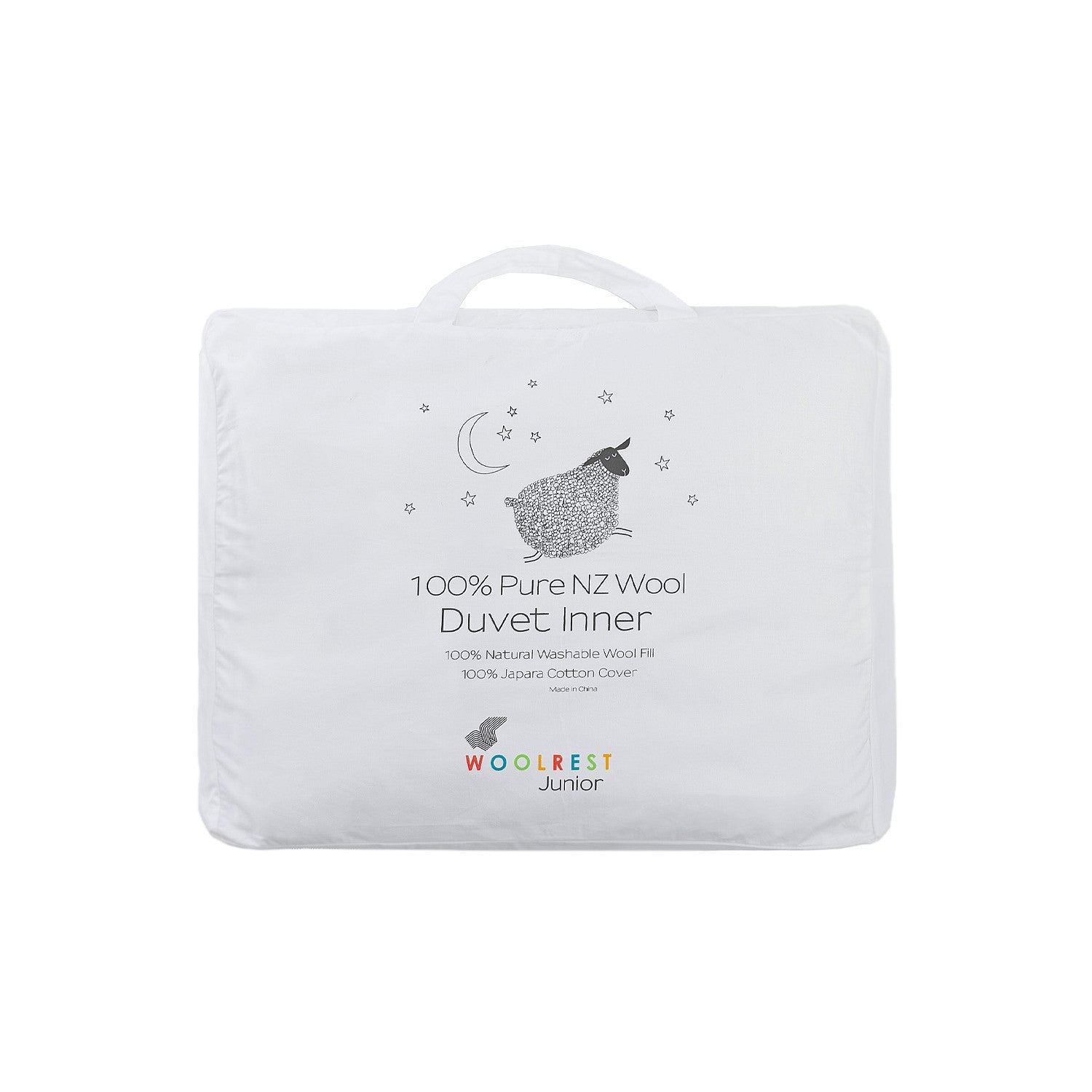 Woolrest Junior 100% pure NZ wool duvet inner in white packaging with handle.