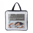 Solace Cool Touch Light Weight Duvet Inner in packaging in a clear bag with black handles and sides displayed on a white background 