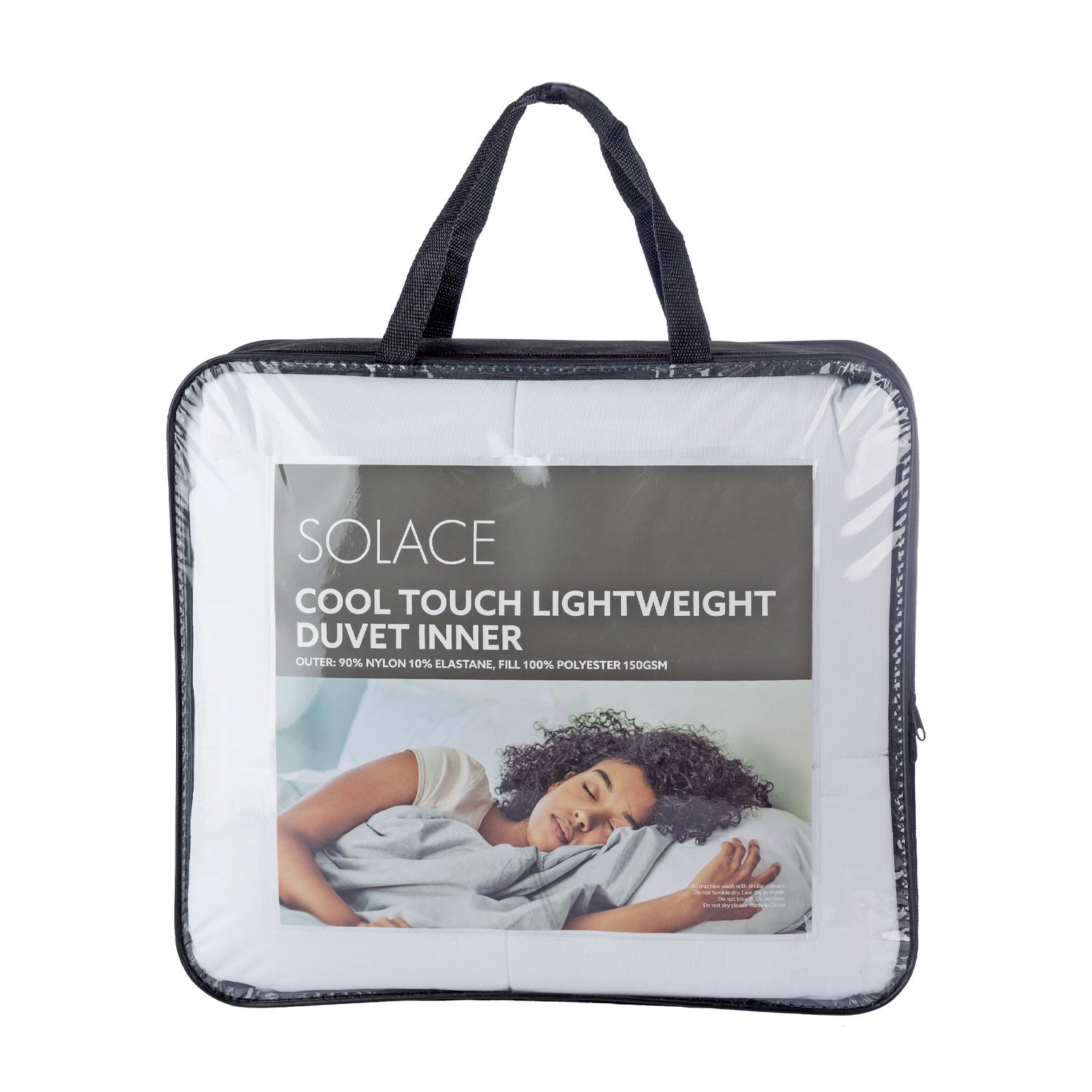 Solace Cool Touch Light Weight Duvet Inner in packaging in a clear bag with black handles and sides displayed on a white background 