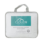 Cloud 9 30/70 down and feather duvet inner in a clear carry bag with product label.