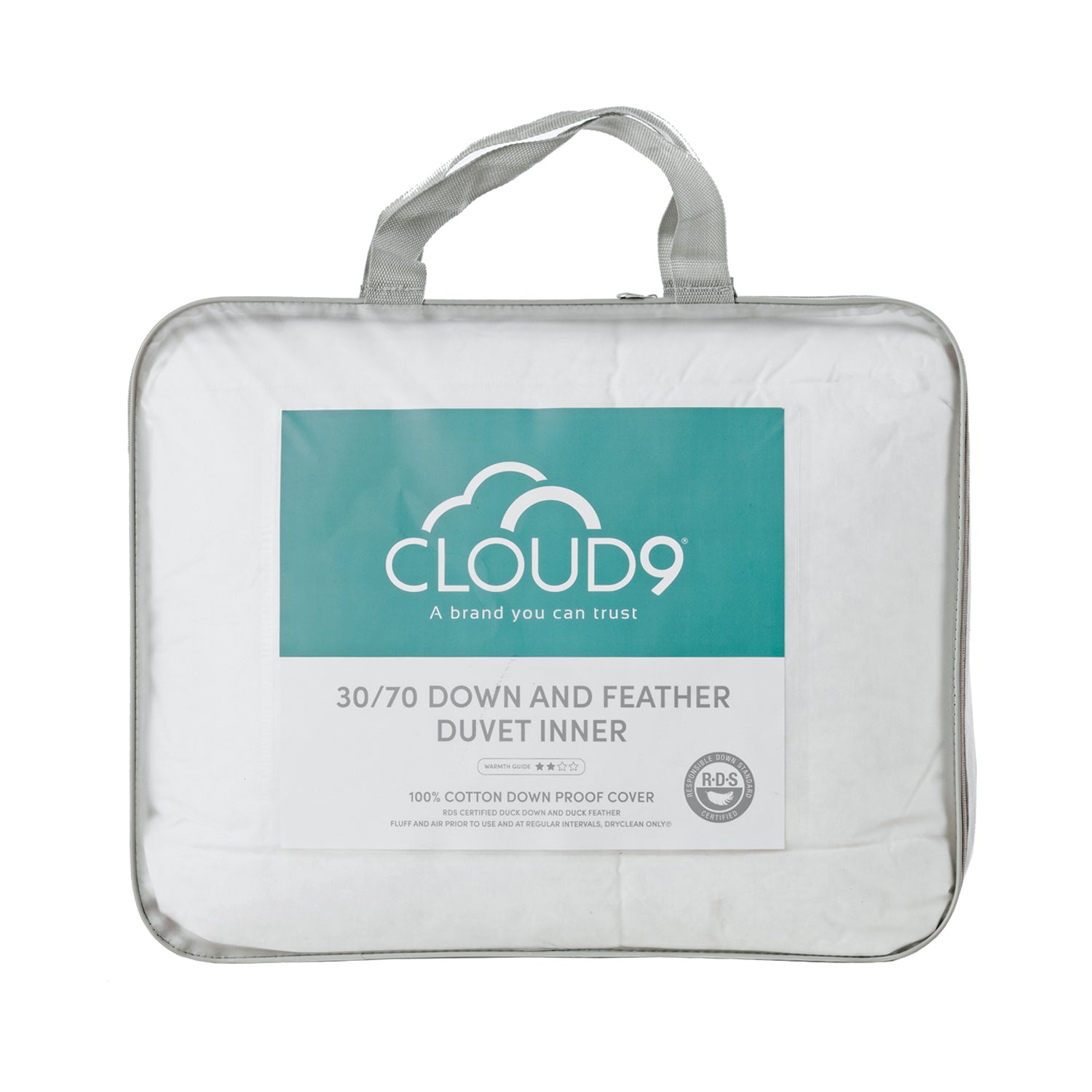 Cloud 9 30/70 down and feather duvet inner in a clear carry bag with product label.