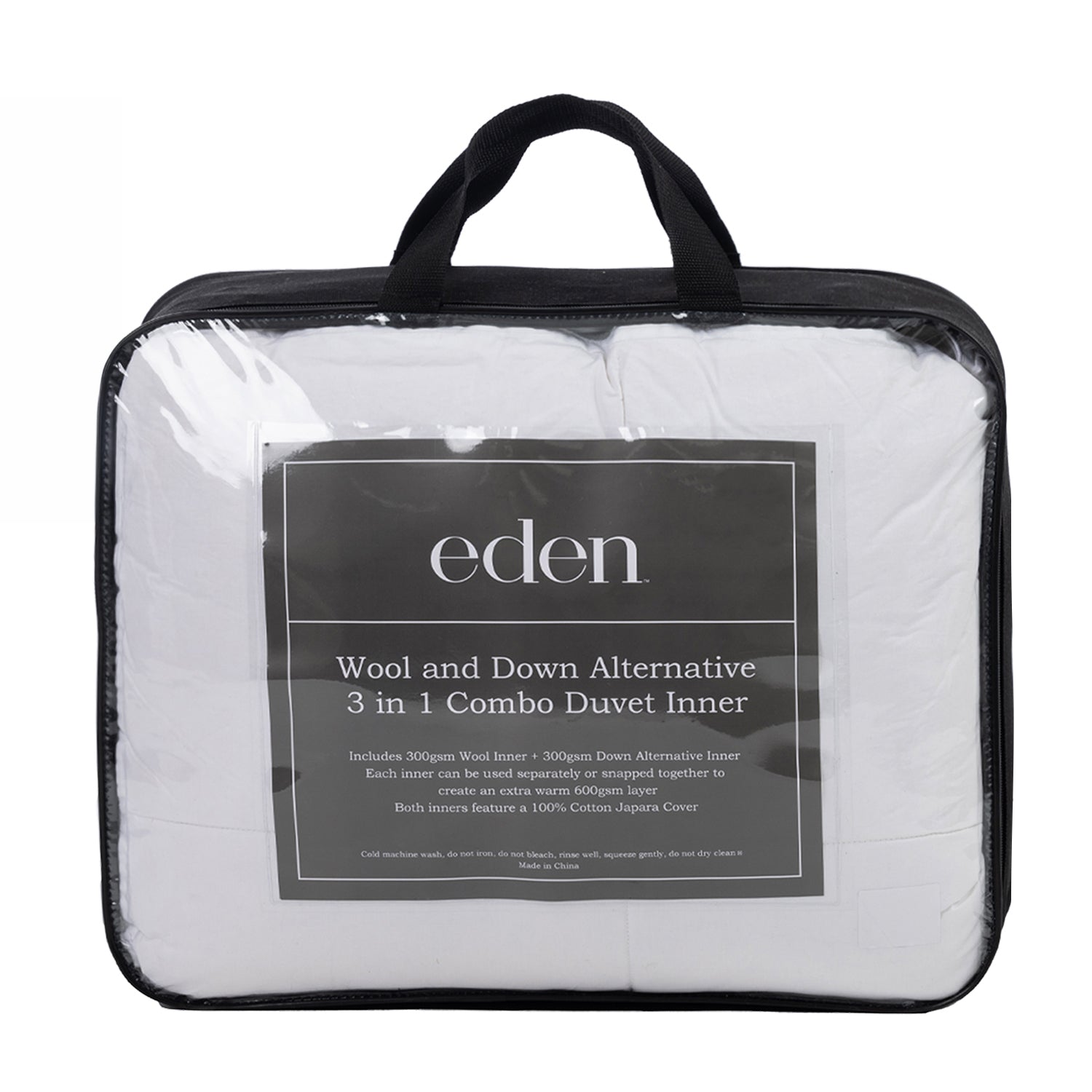 Eden Wool and Down Alternative 3 in 1 Combo Duvet Inner in its packaging with black handles and sides displayed in a white background