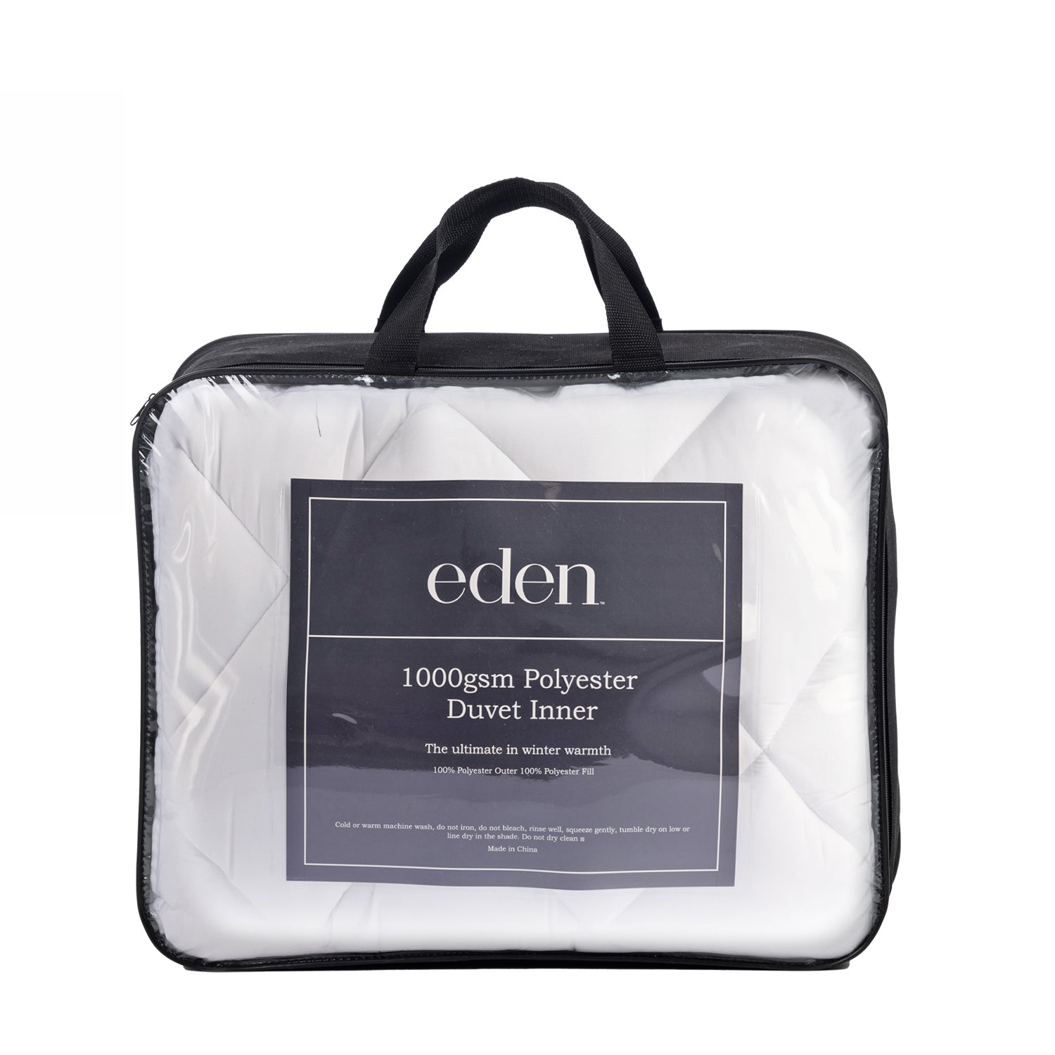 Eden 1000gsm Polyester Duvet Inner in its packaging with black handles and sides displayed on a white background