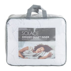 Solace 400gsm Duvet Inner in clear packaging with grey handles and sides displayed on a white background 