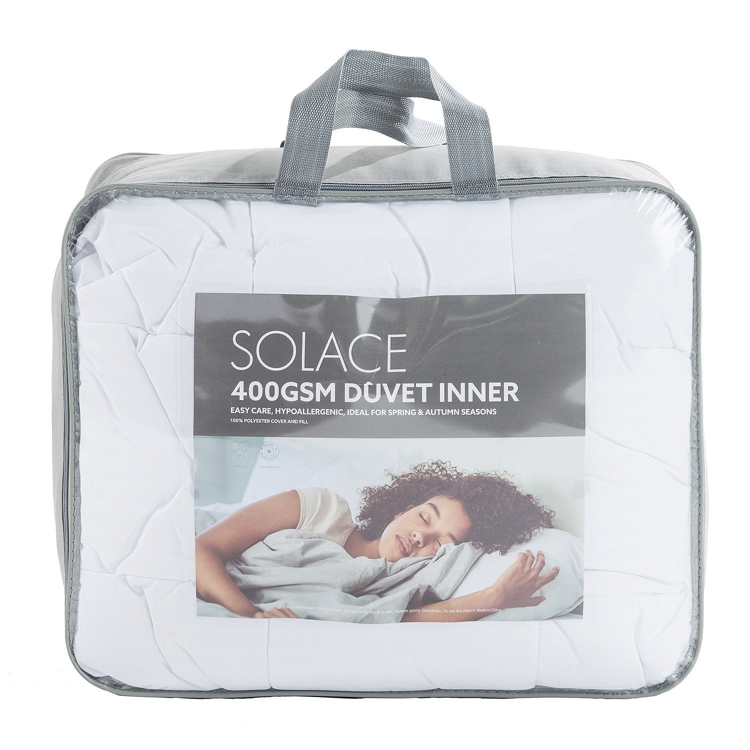 Solace 400gsm Duvet Inner in clear packaging with grey handles and sides displayed on a white background 