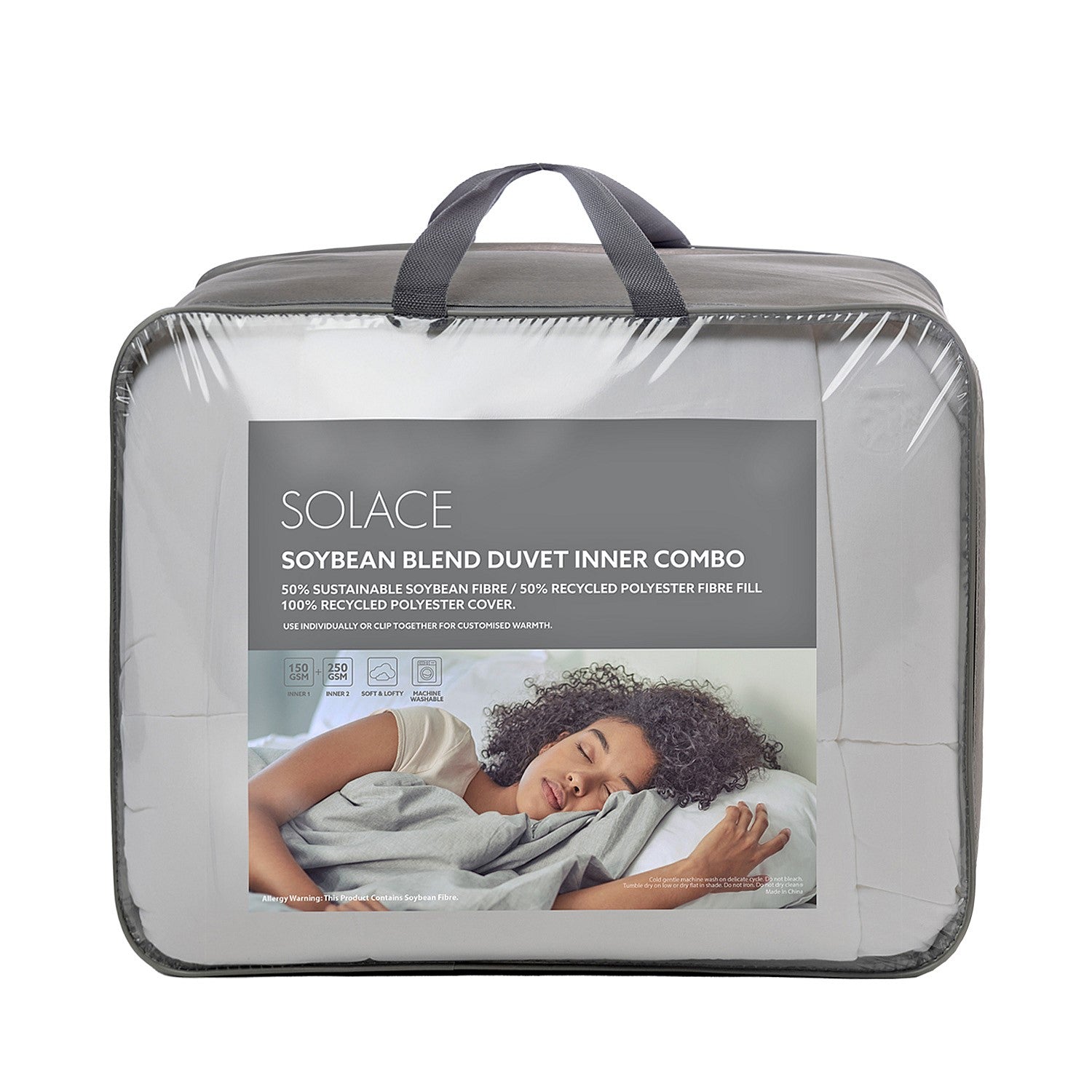 Solace Soybean Blend Duvet Inner Combo in packaging with grey handles and sides displayed in a white background 