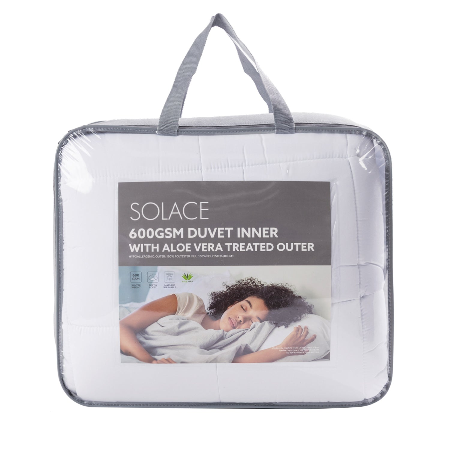 Solace 600gsm Duvet Inner with Aloe era Treated Outer in packaging with grey handles 