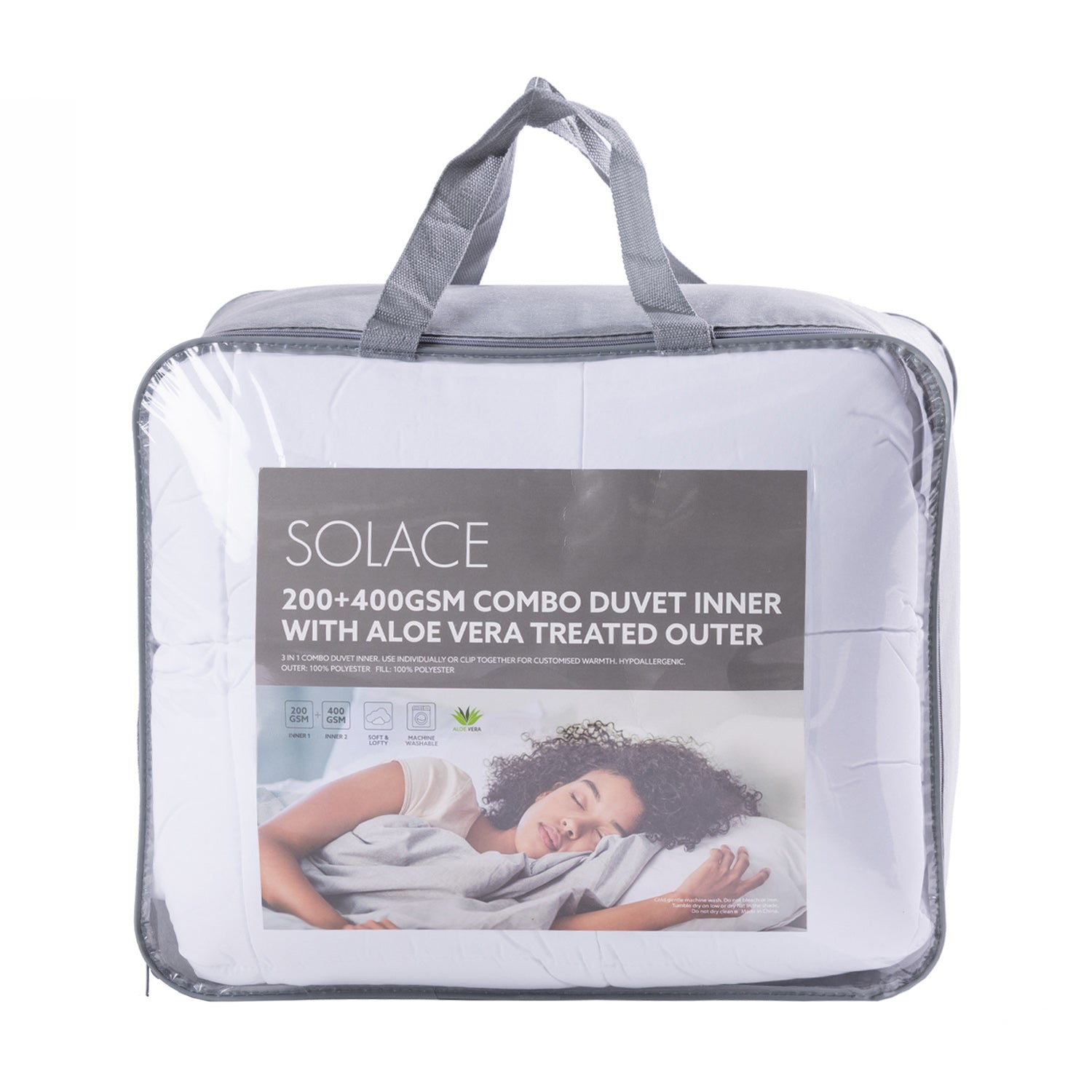 Solace 200 + 40gsm combo Duvet Inner With Aloe Vera Treated Outer in packaging with grey handles and sides displayed in a white background
