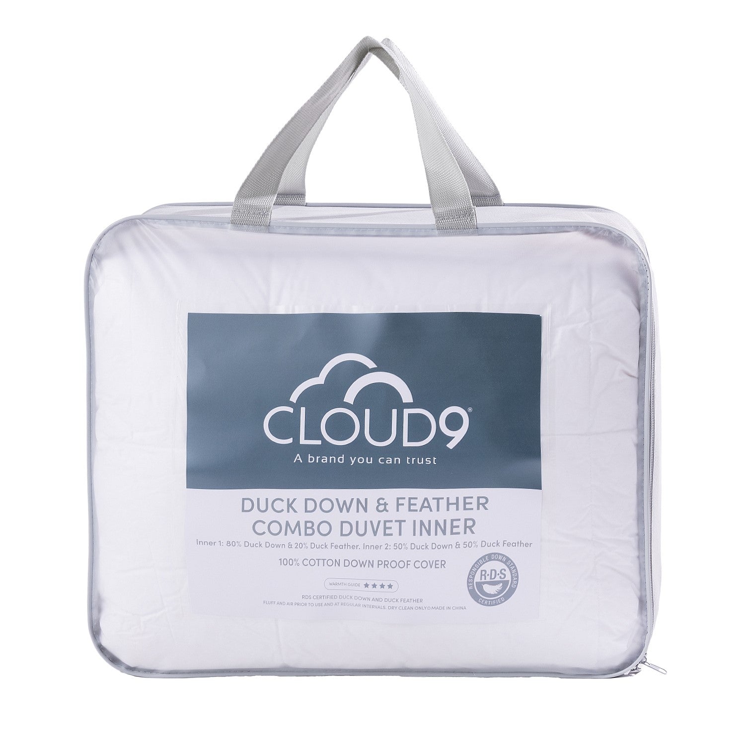 Cloud 9 Duck Down & Feather Combo Duvet Inner Packaging with grey straps displayed on a white background 