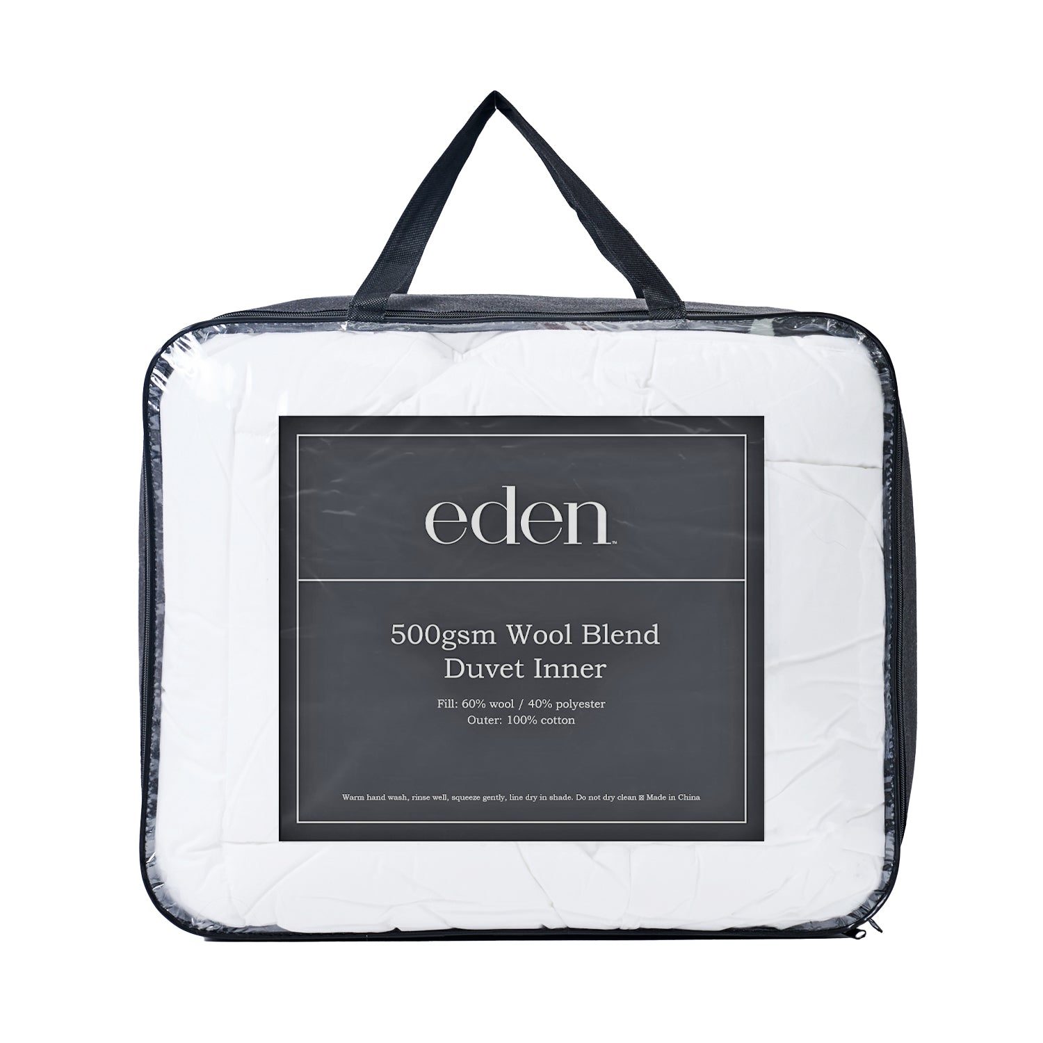 Eden 500gsm Wool Blend Duvet Inner packaging in a clear bag with black handles and sides 