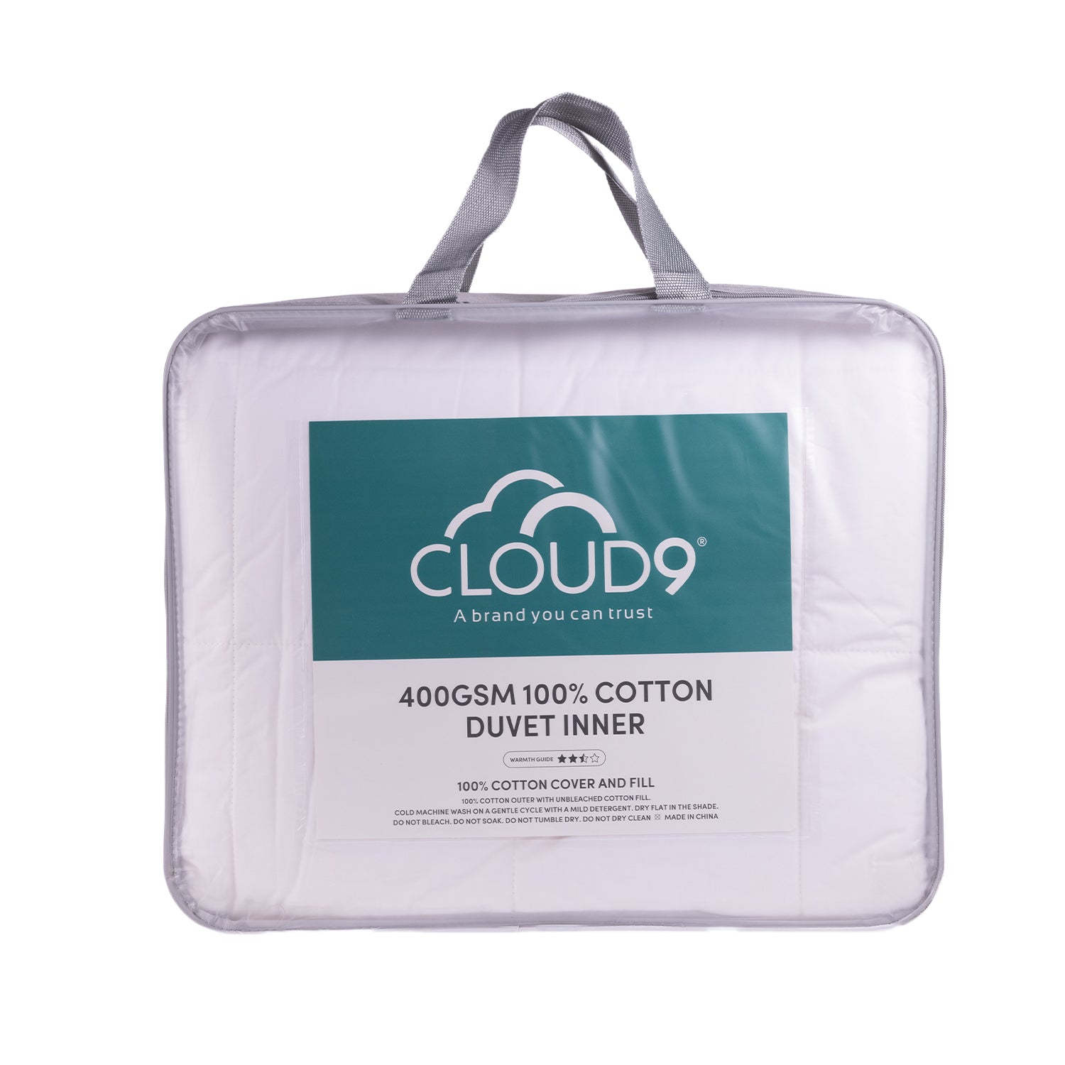 Cloud 9 400GSM 100% Cotton Duvet Inner in a clear zip carry bag with grey handles, featuring a teal and white product label.