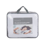 A packaged white Solace Mellow Soft Duvet Inner with gray trim and handles, shown on a plain white background. The front has a clear window with a printed brand label and a photo of a sleeping person.