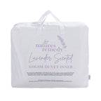 White carry bag containing the Nature's Remedy Lavender Scented 300gsm Duvet Inner, featuring lavender purple lettering, delicate floral illustrations and two white carry handles.