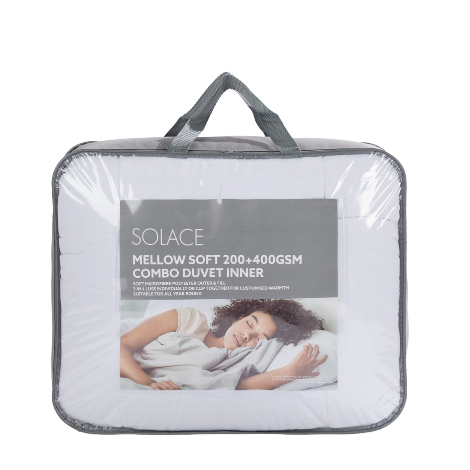 Solace Mellow Soft 200+400gsm Combo Duvet Inner packaged in a clear carry bag with grey handles, showing the white duvet inner and product label on the front.