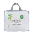 Bambou 250gsm Duvet Inner packaged in a clear carry bag with grey handles, showing the white quilted duvet and bamboo product label on the front.