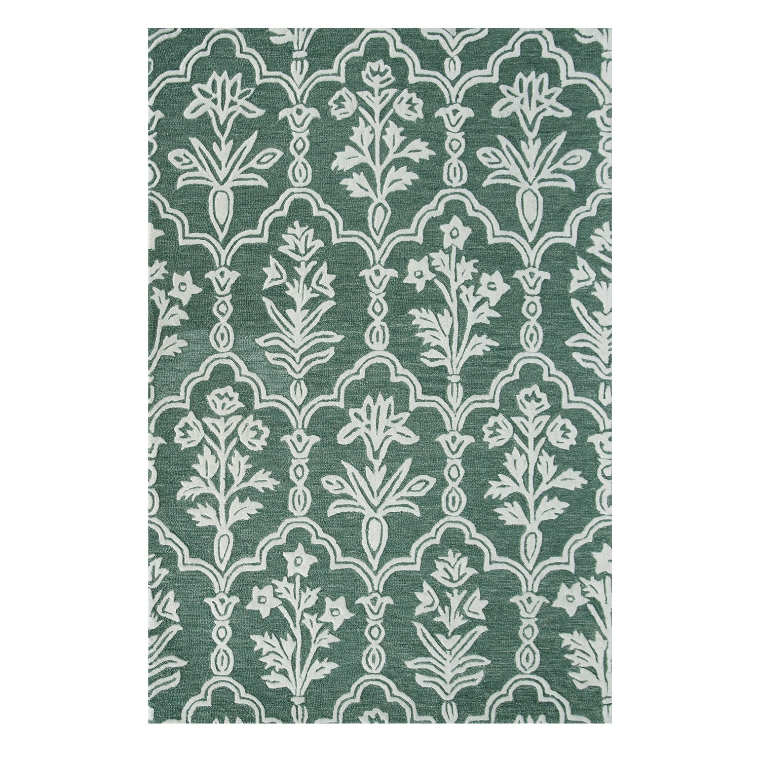 Design Republique Asher Wool Rug in Forest featuring an intricate white floral and geometric pattern on a deep green background.