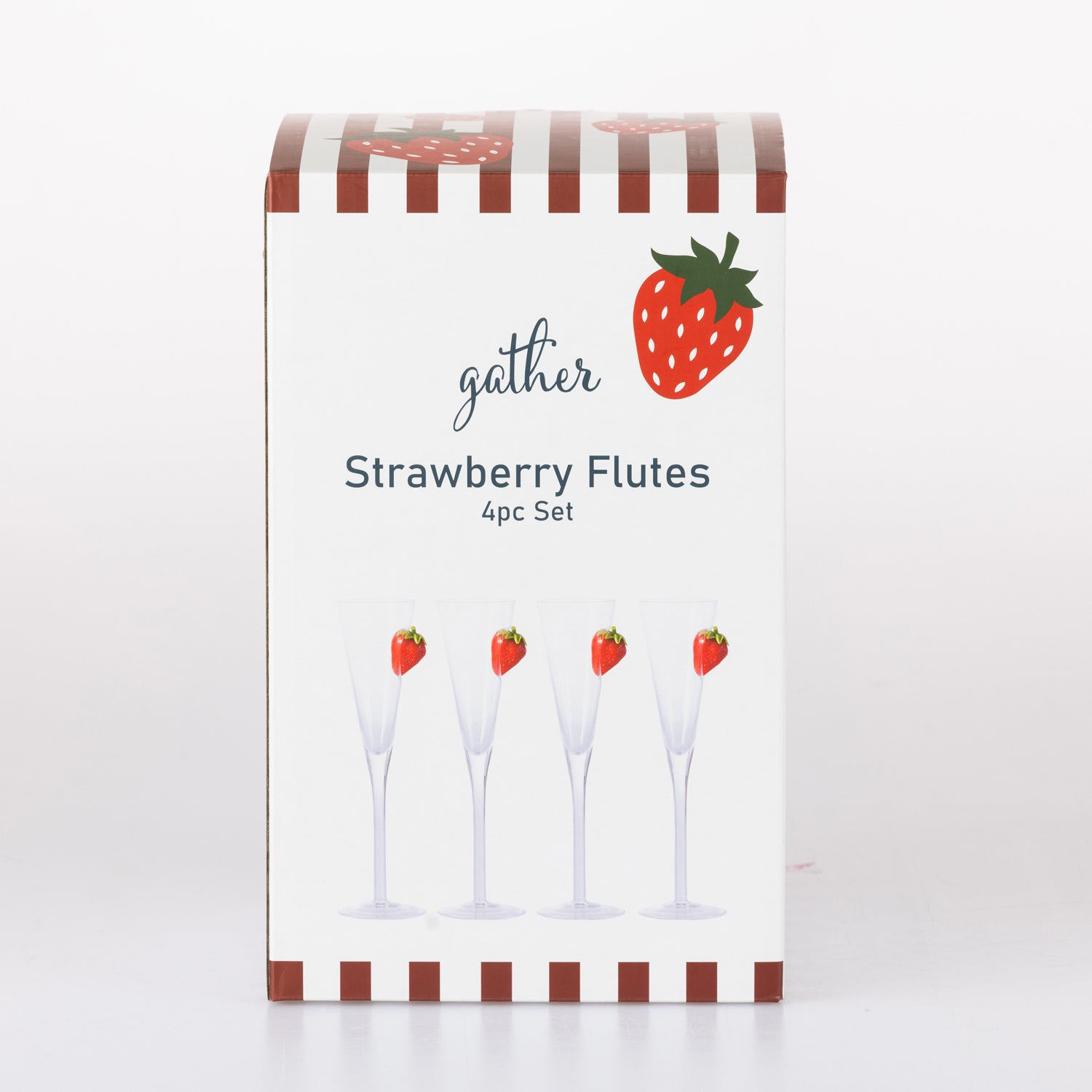 Front view of the Gather Strawberry Flutes 4 Piece Set retail packaging featuring a strawberry design and product illustration.