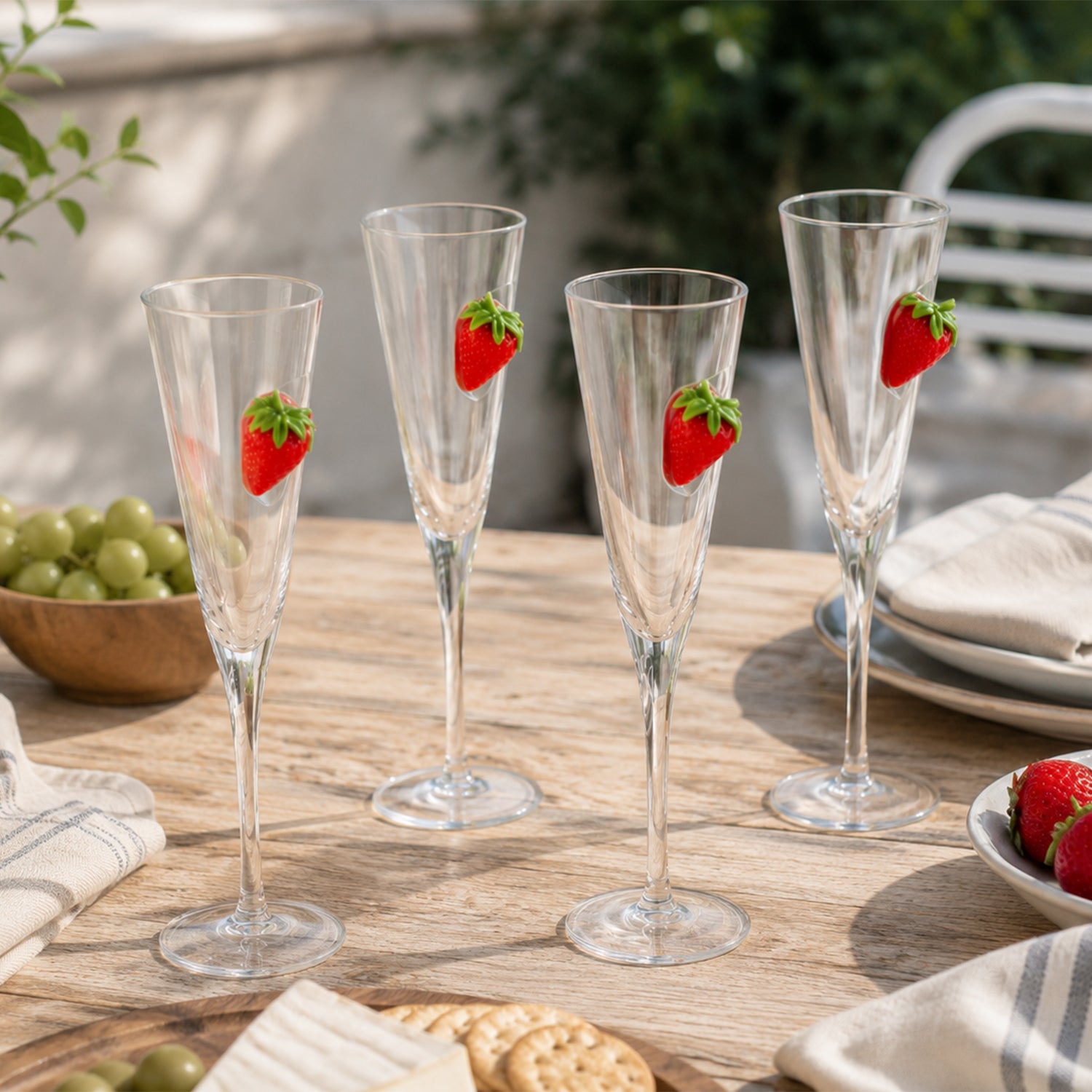 Four clear champagne flutes with raised strawberry embellishments displayed on a rustic outdoor table setting with fresh strawberries, grapes, cheese, and crackers.