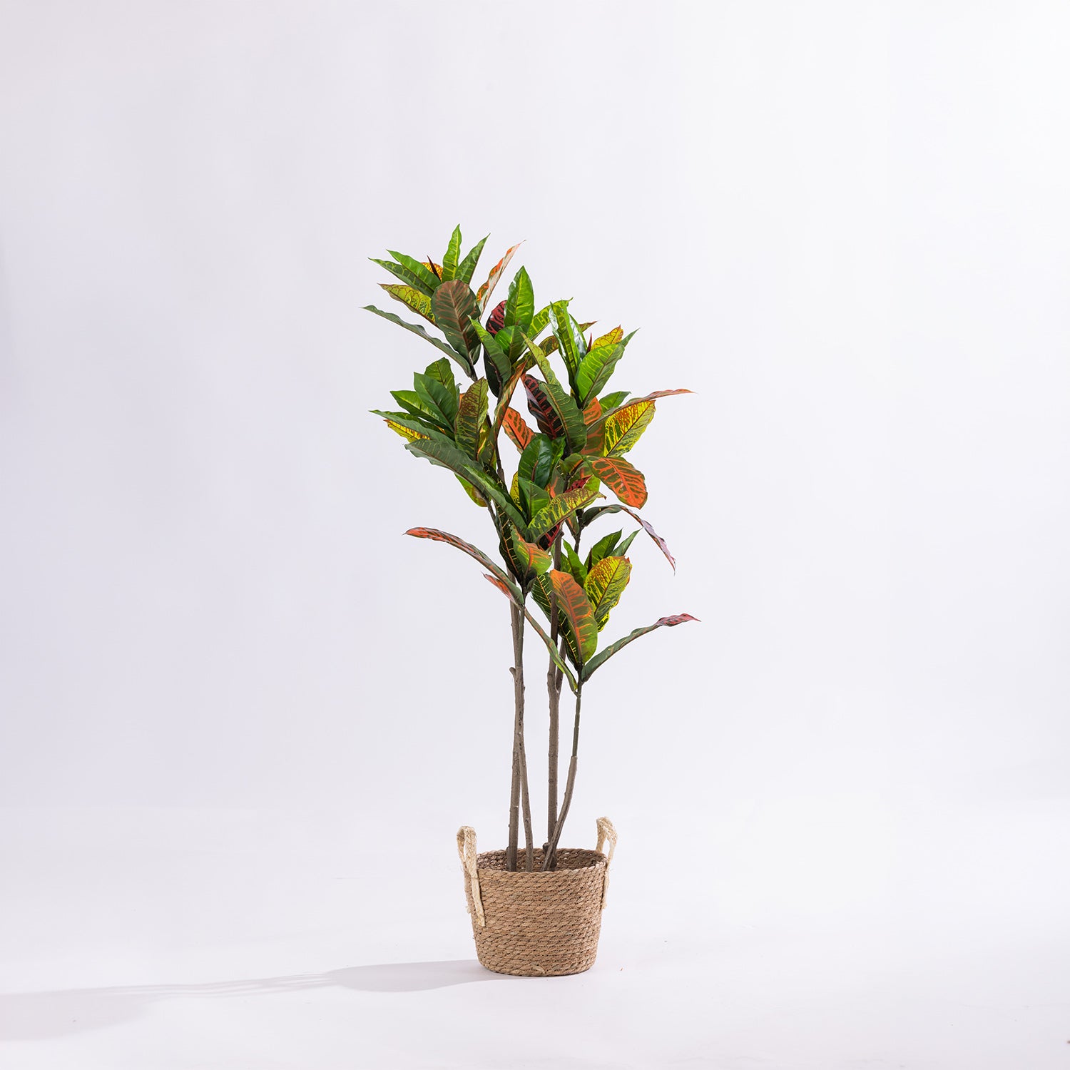 Artificial 115cm codiaeum tree with vibrant green, yellow, orange and red variegated foliage styled in a natural woven basket planter.