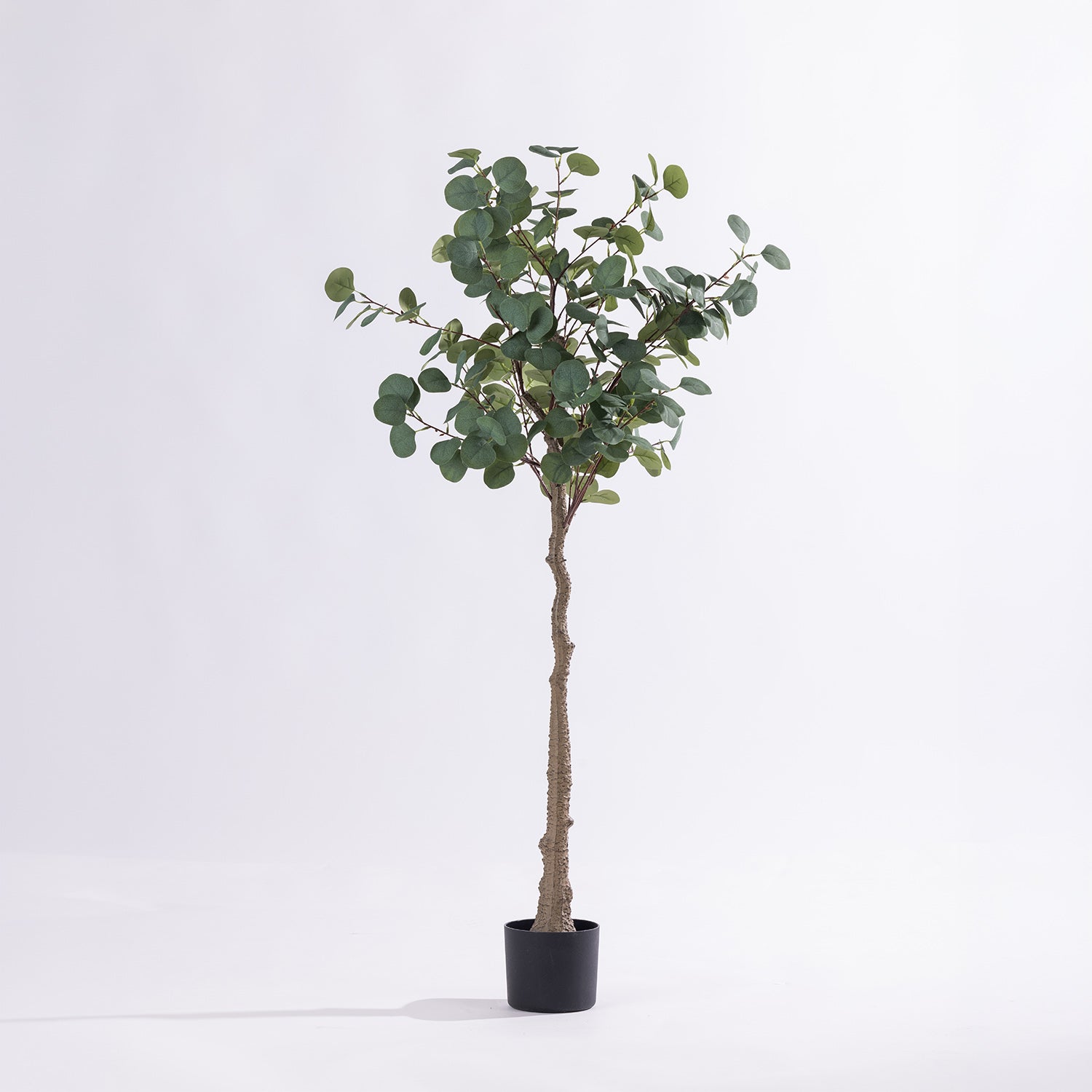 Artificial eucalyptus tree with rounded green foliage displayed in a natural woven basket.