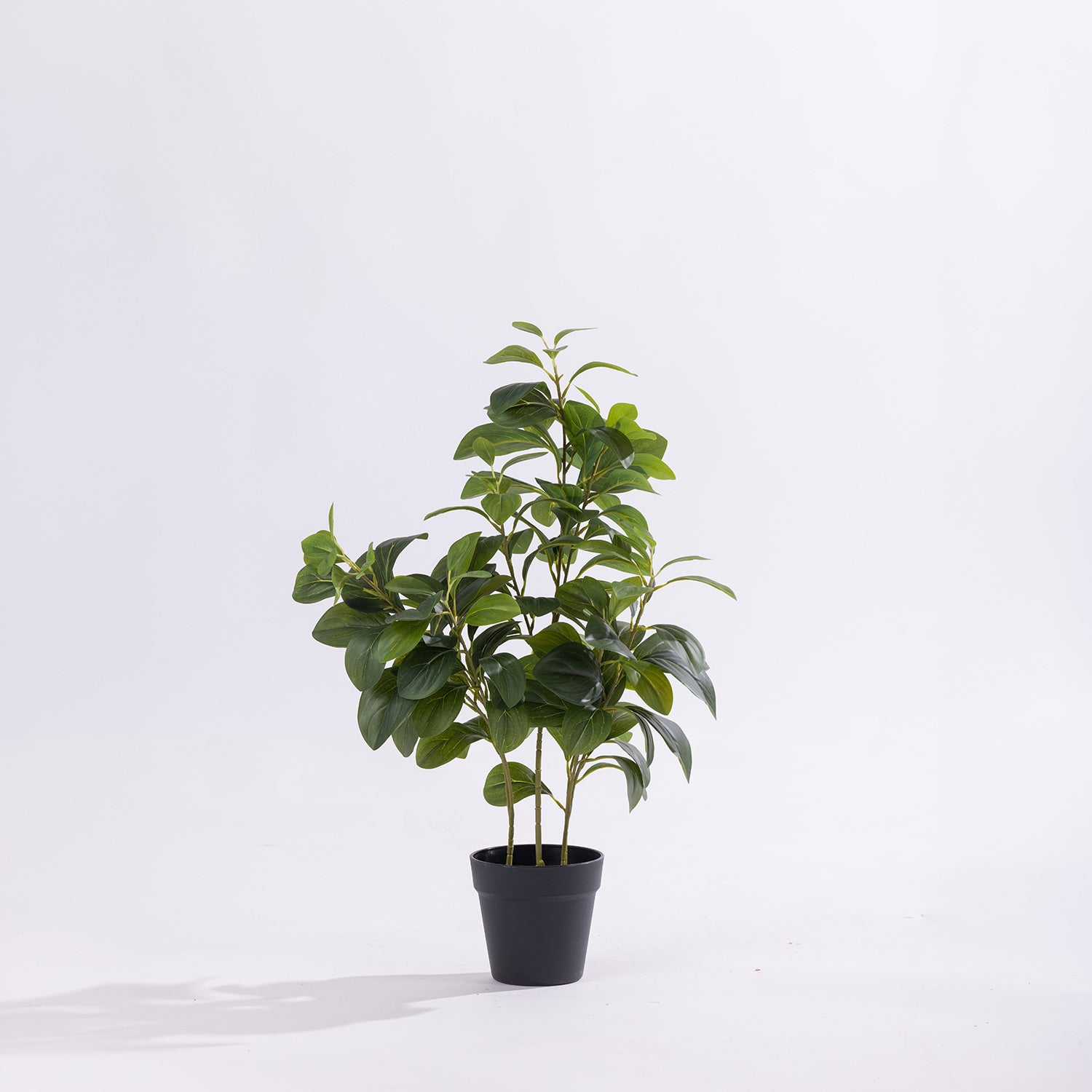 Artificial pepper plant with lush green foliage in a black nursery pot against a white background.