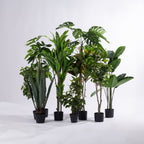 Artificial indoor plant collection featuring a variety of realistic green foliage plants in black nursery pots against a white background.