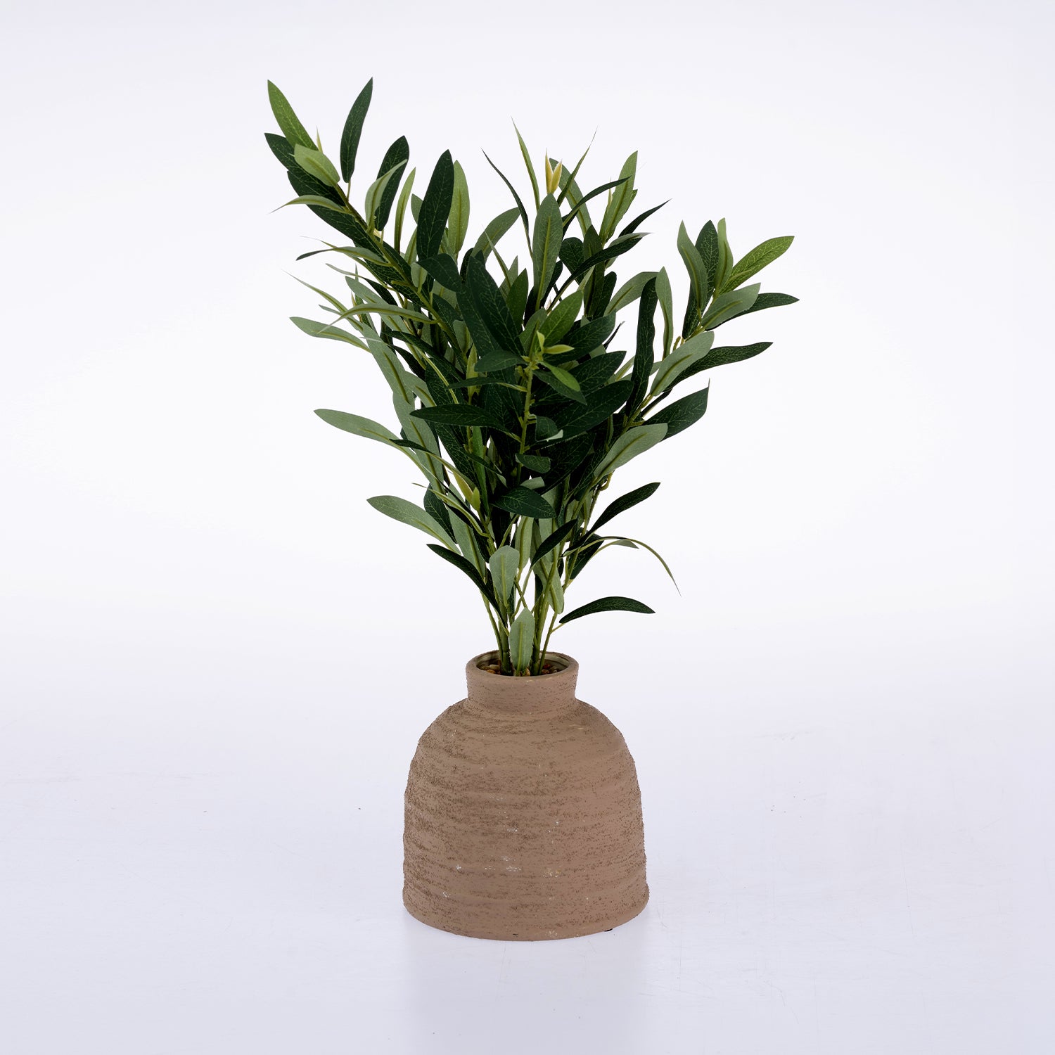 An artificial olive branch plant with green leaves in a textured, dome-shaped brown ceramic pot, set against a plain white background.