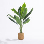An artificial potted plant with large green leaves in a woven natural fiber basket pot, set against a plain white studio background.