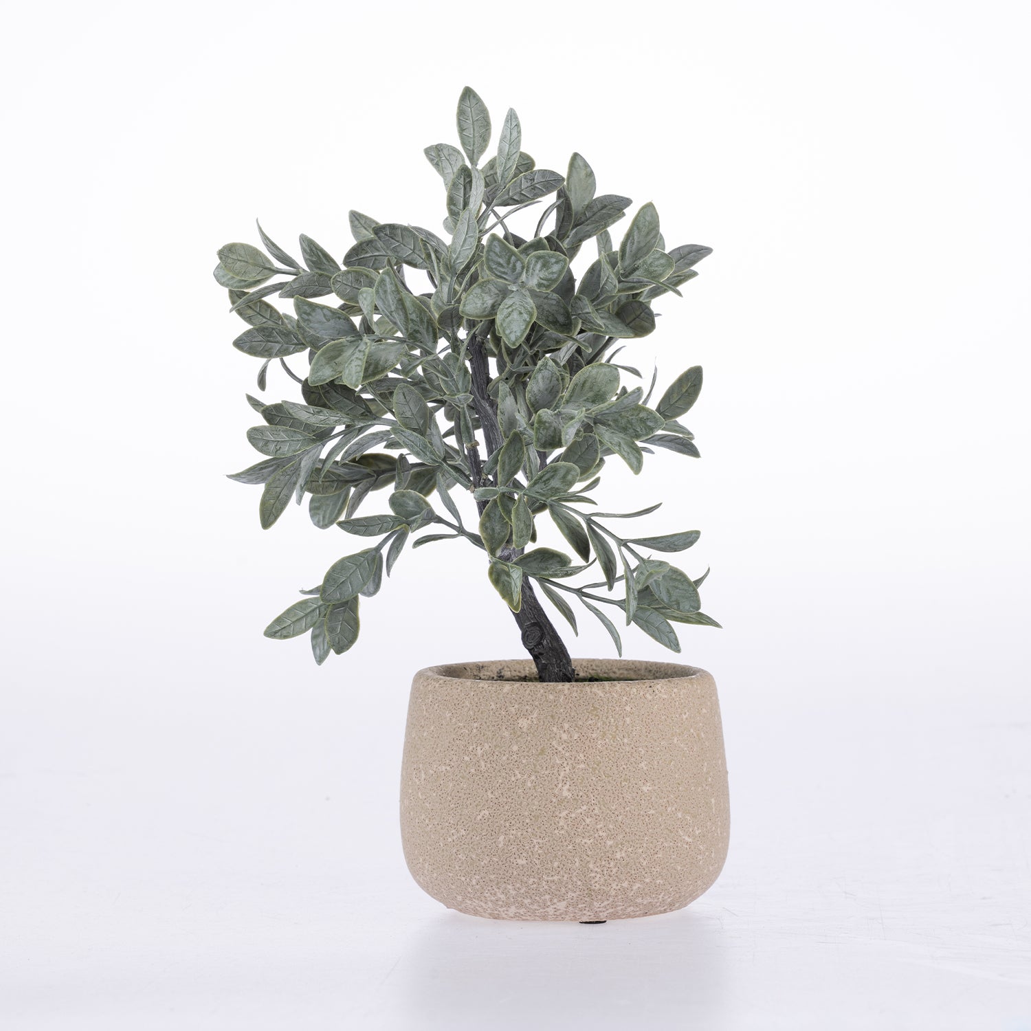 An artificial olive tree with textured green-gray leaves in a speckled beige ceramic pot, set against a plain white background.