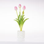 A bunch of pink tulip flowers with green stems and leaves arranged in a small speckled white cylindrical vase against a clean white background.