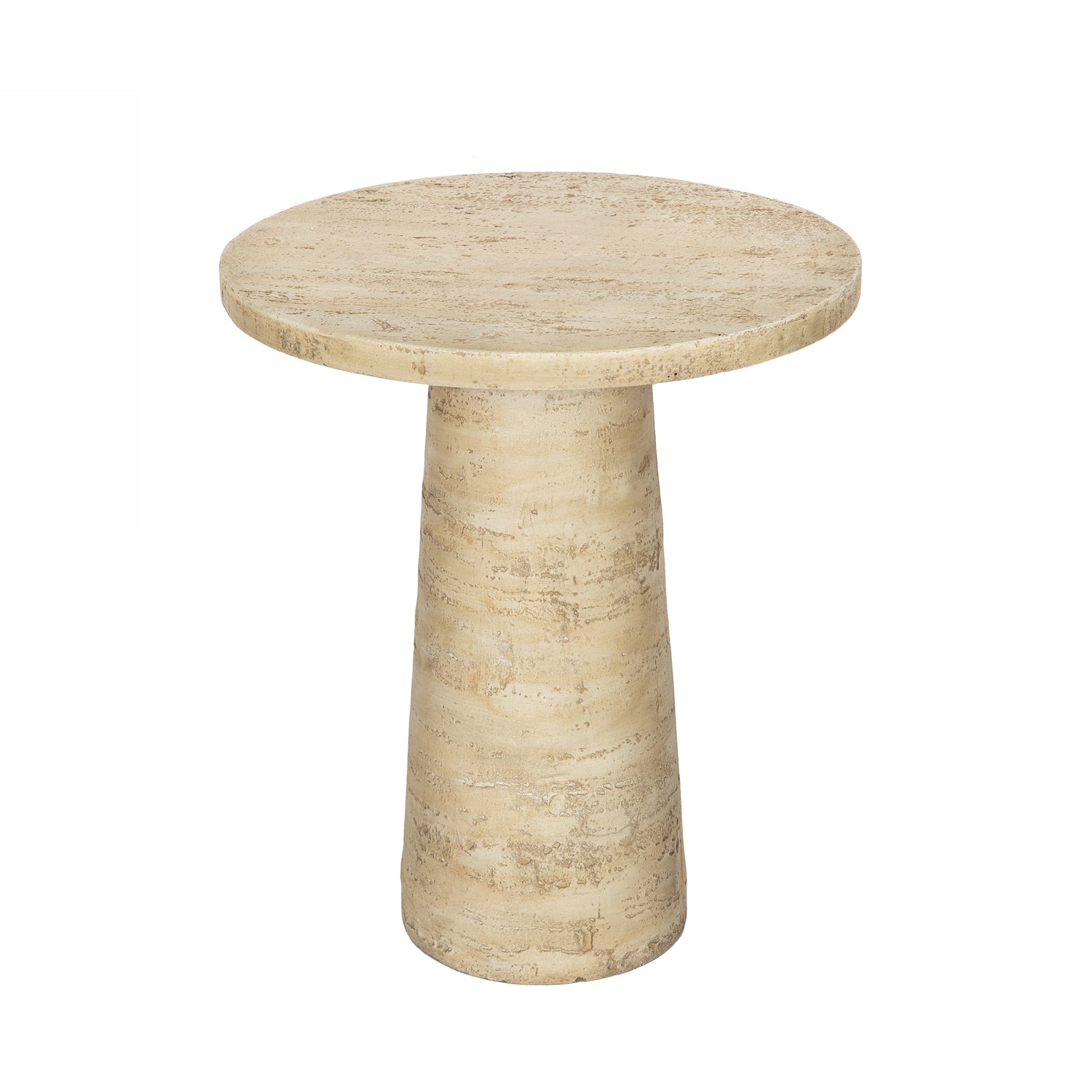 Round natural cement side table with a pedestal base and a textured travertine-look finish in a warm natural colour.