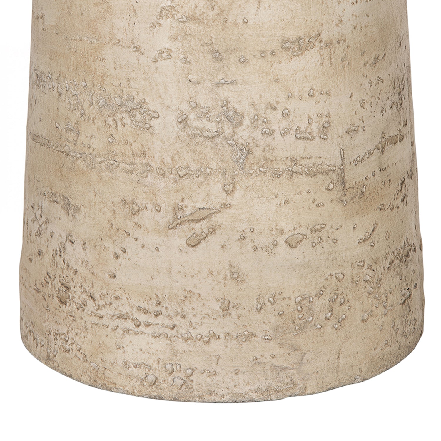 Close-up of the natural cement pedestal base showcasing the textured travertine-look finish with subtle tonal variation.