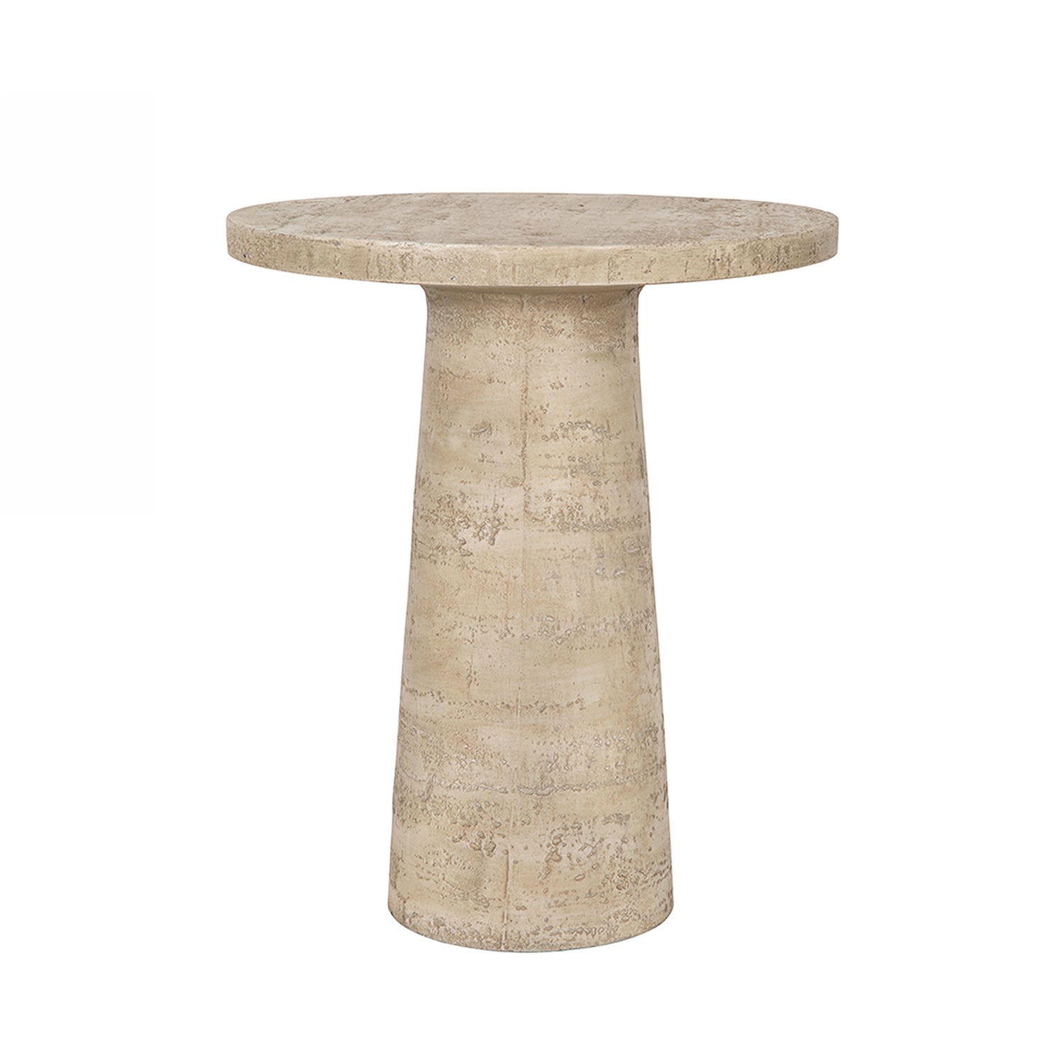 Round natural cement side table featuring a tapered pedestal base and a textured stone-look finish.