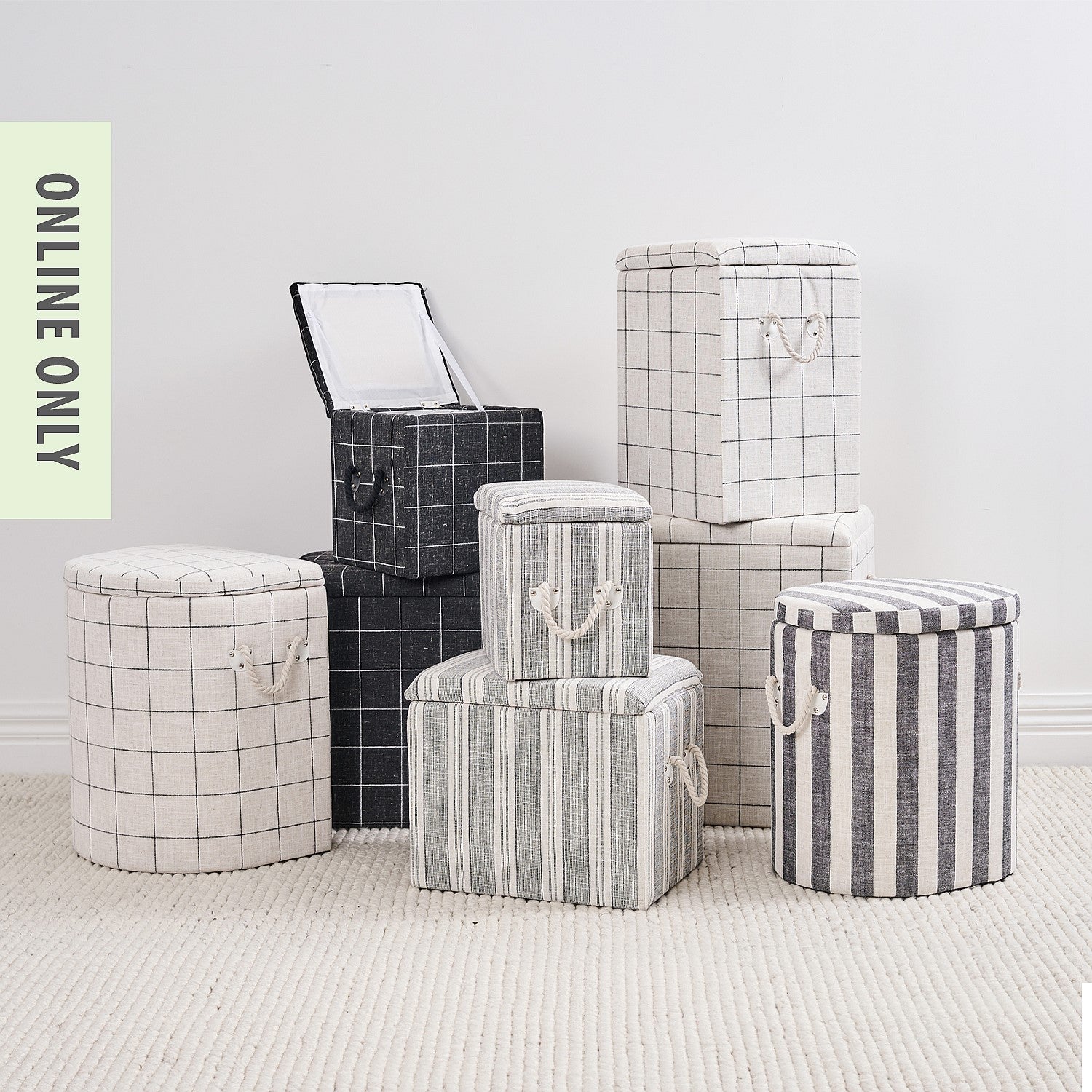 Solace Storage Box Round Creme Grid Small Set of 2 Small