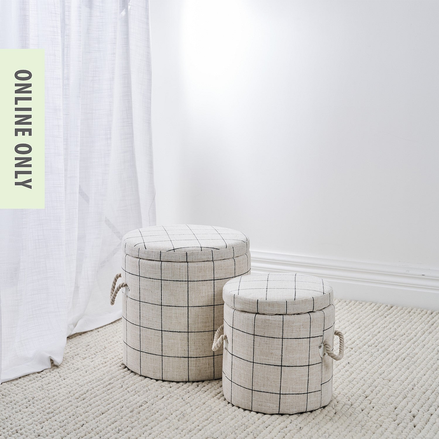 Solace Storage Box Round Creme Grid Small Set of 2 Small