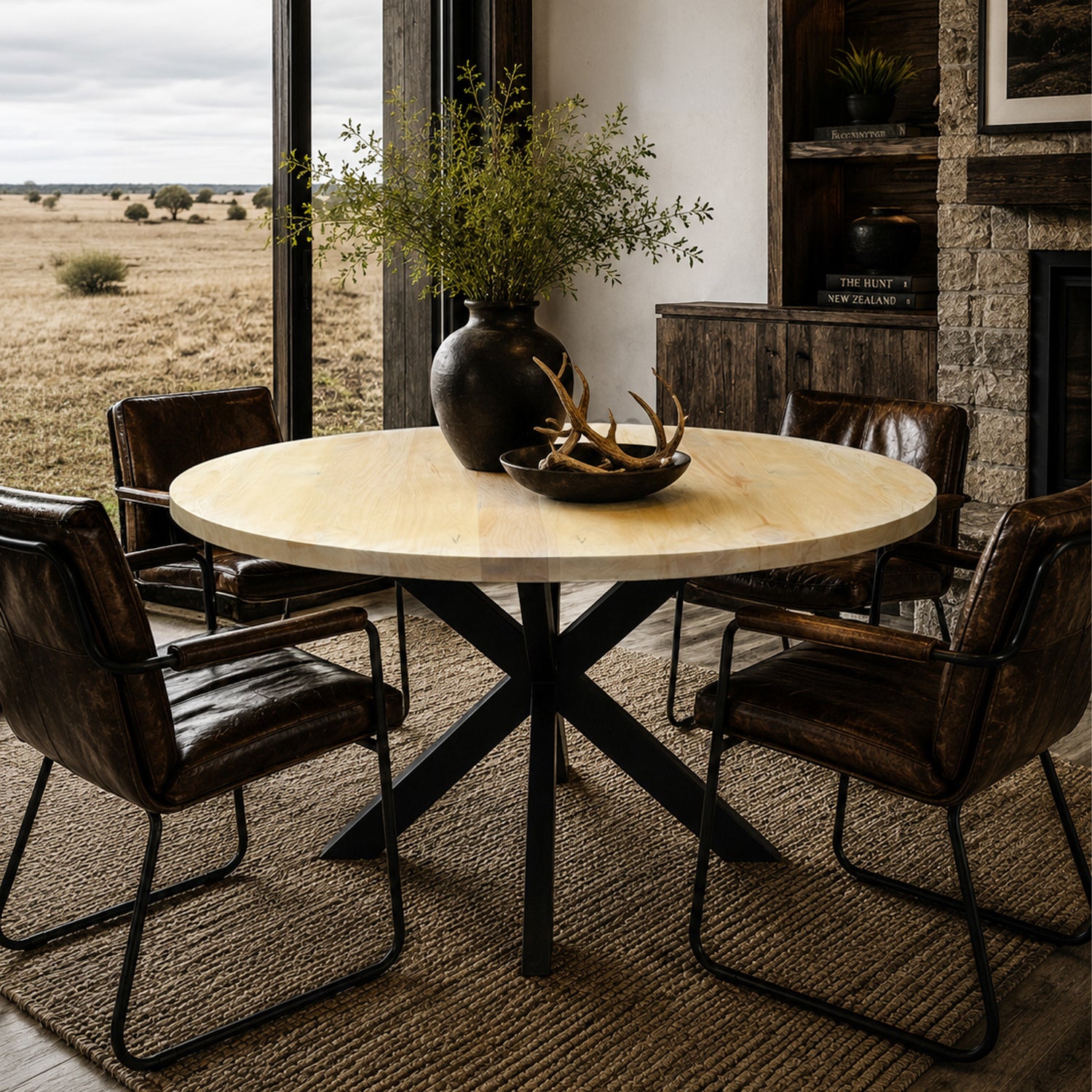 A round light wood dining table with a black metal X-base, surrounded by four dark brown leather chairs in a rustic dining room setting with a large window overlooking a dry grass landscape.