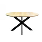 A round dining table with a light natural wood top and a black metal X-shaped pedestal base, shown against a plain white background.