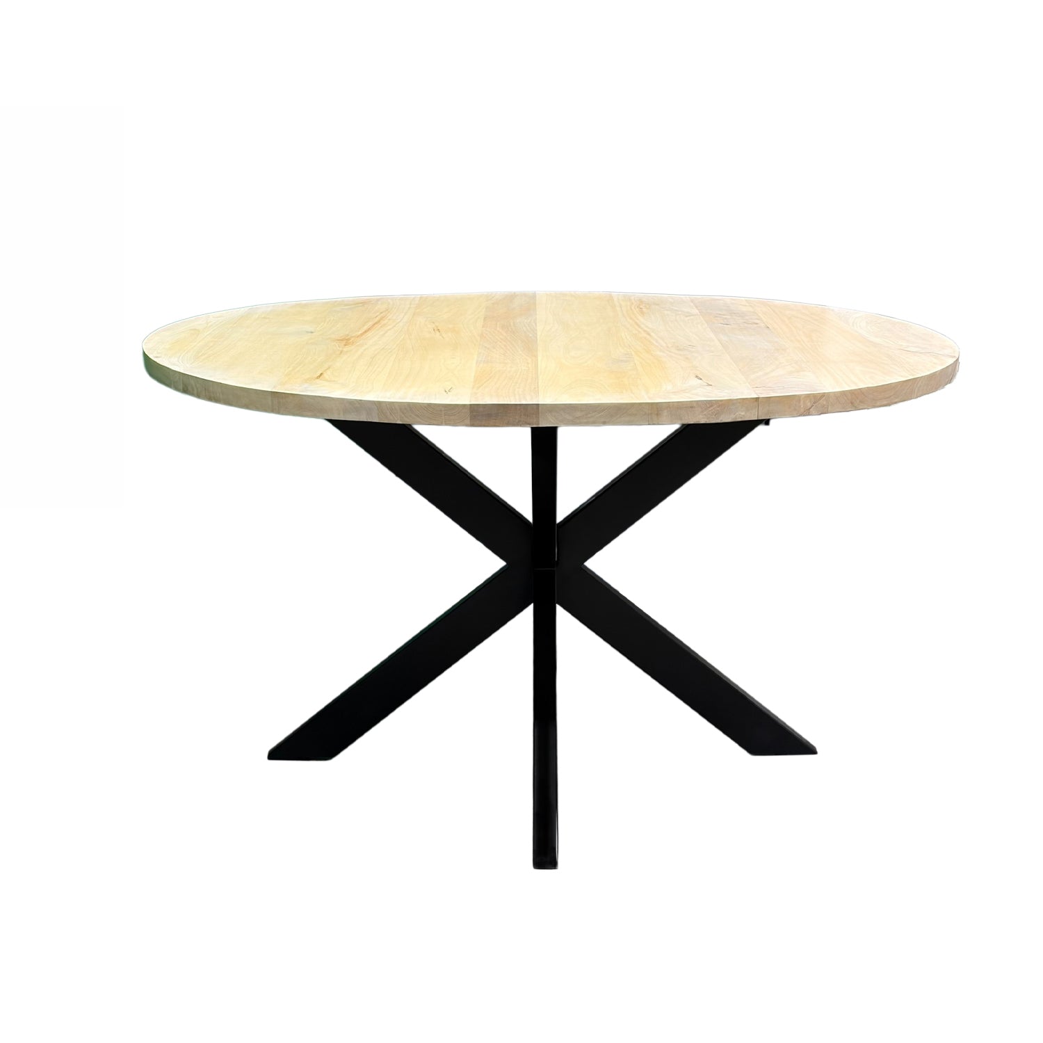 A round dining table with a light natural wood top and a black metal X-shaped pedestal base, shown against a plain white background.