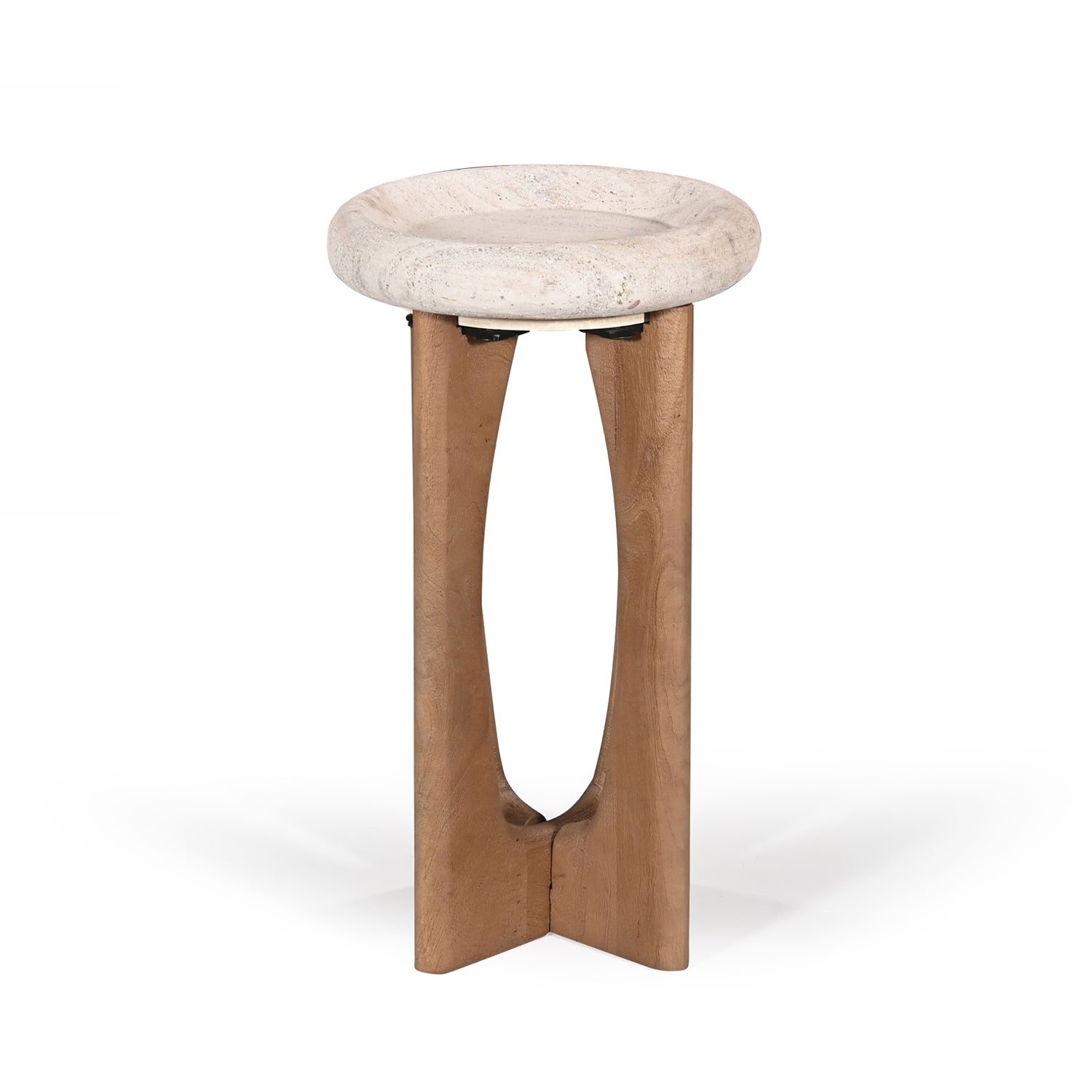 Natural stone top side table with sculptural solid wood base in a warm natural finish.