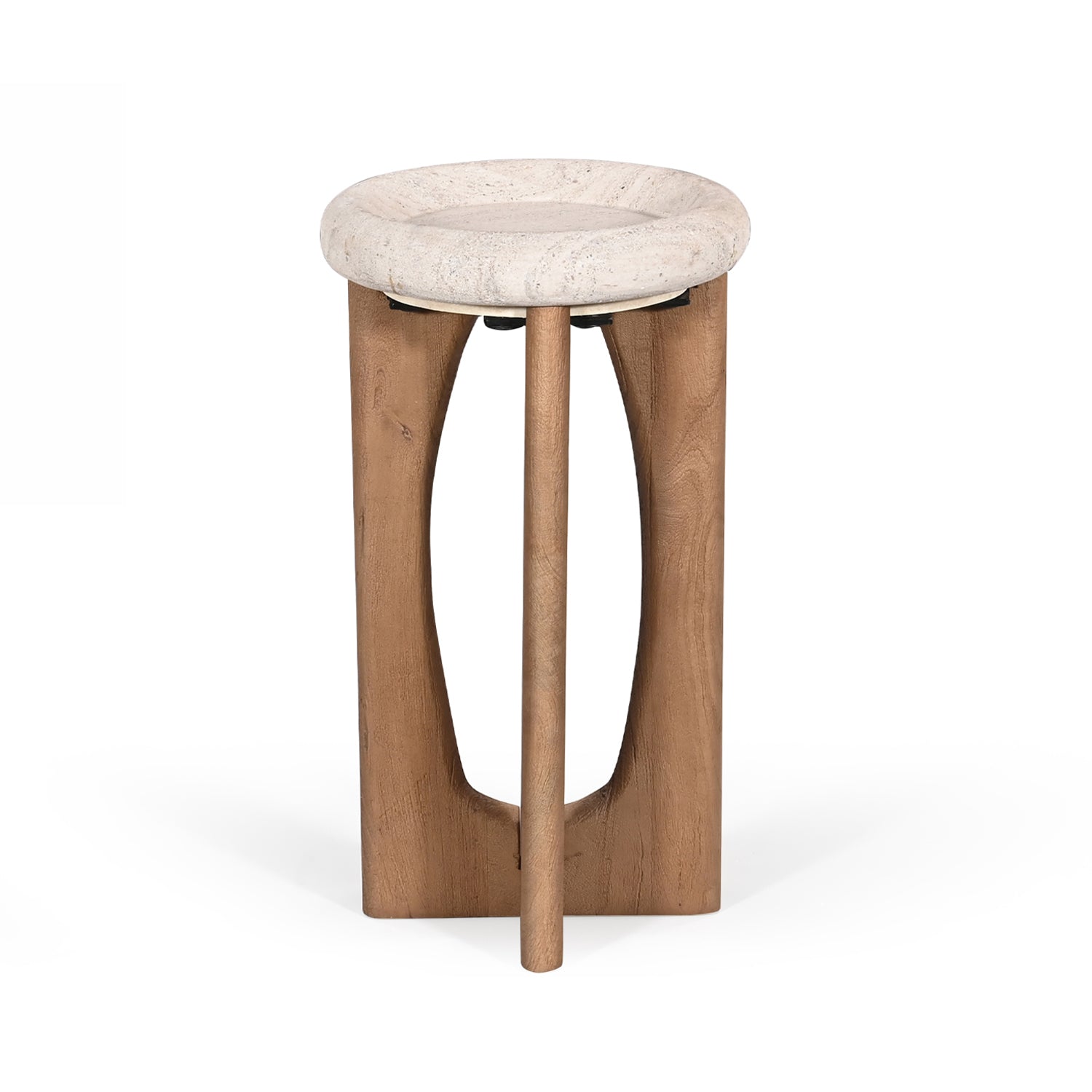 Rear view of a natural stone top side table with sculptural solid wood base.