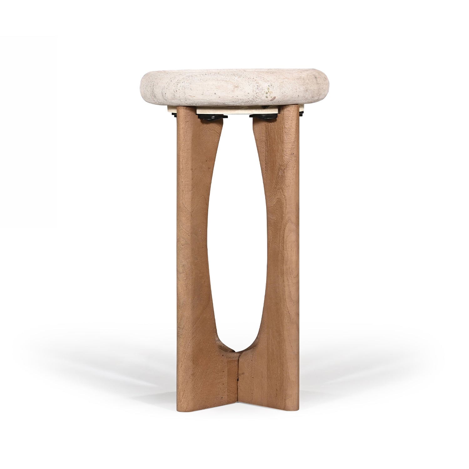 Side profile of a natural stone top side table with an architectural solid wood pedestal base.