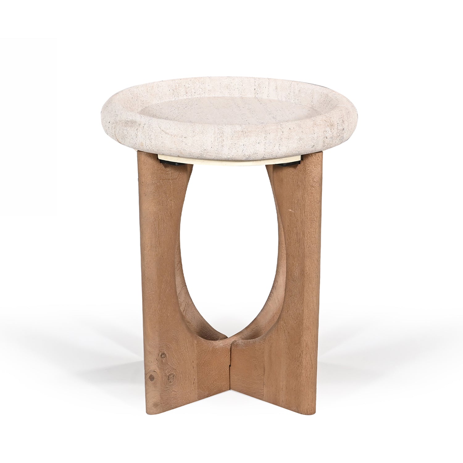 Amparo Fleur stone side table with a round textured stone top and sculpted natural wood base on a white background.