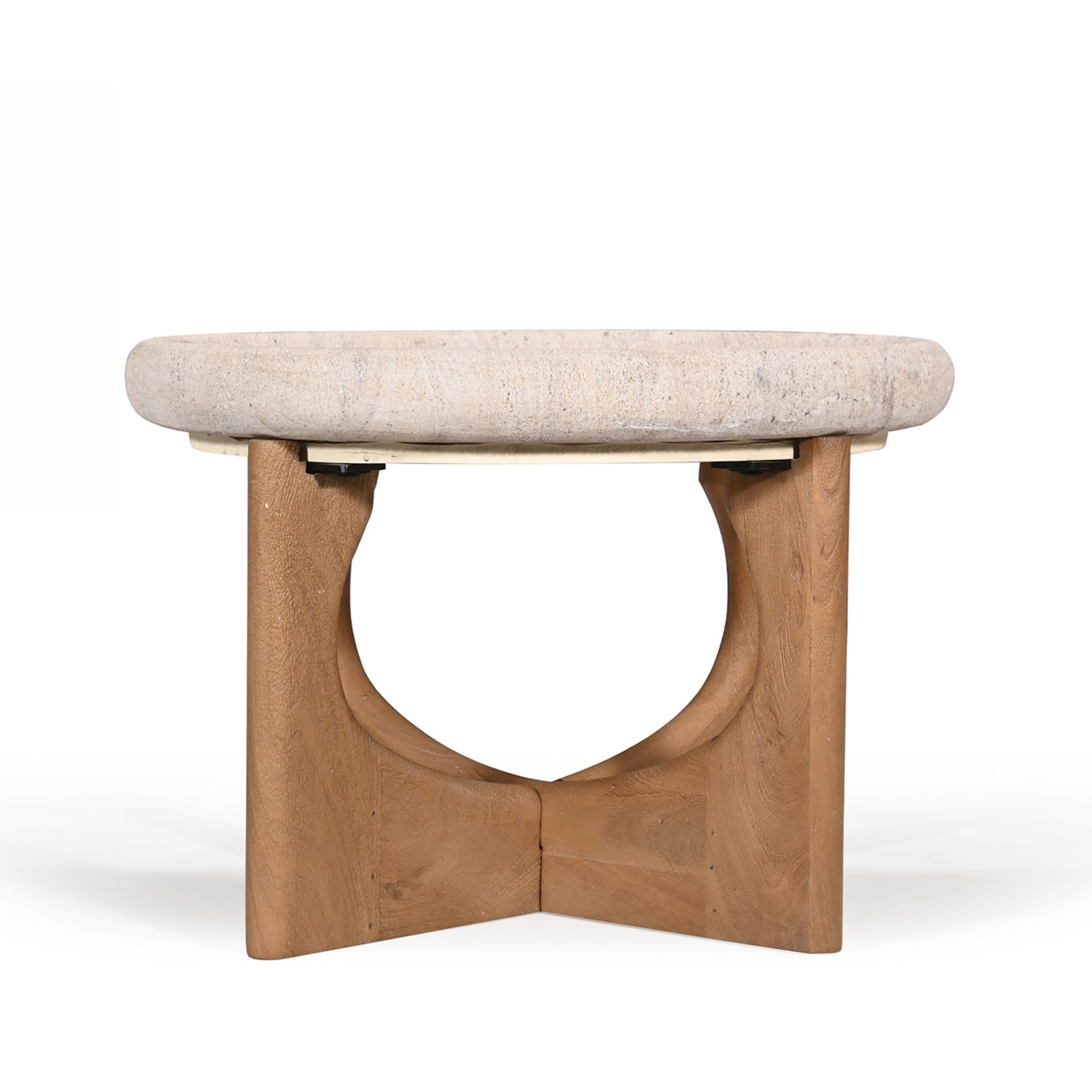 Amparo Fleur stone coffee table shown from the front with a thick rounded stone top and curved wooden base.