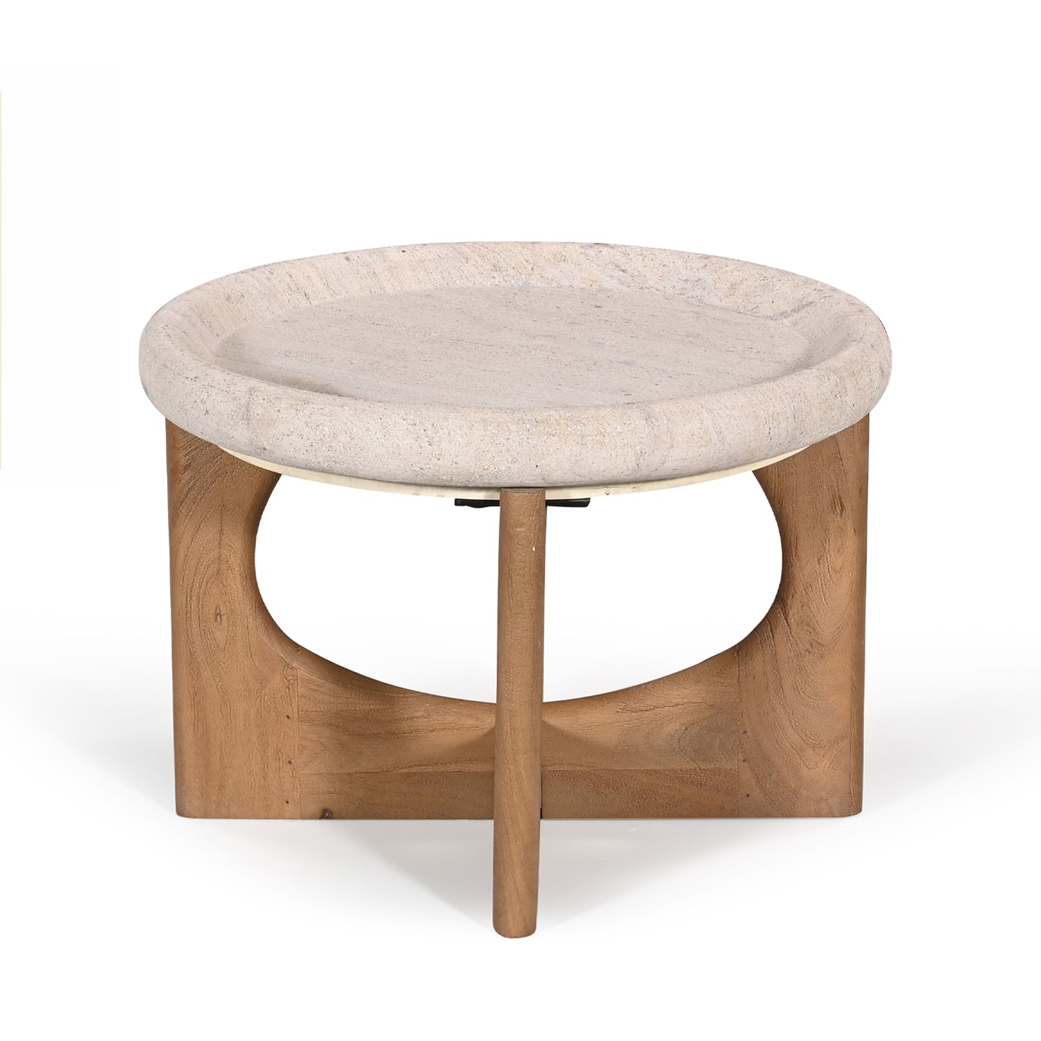 Amparo Fleur stone coffee table with a round stone top, natural wood base and centre support leg.