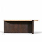 Side profile of the Carter Marble Coffee Table on a white background, highlighting the substantial timber base and slim natural marble top.