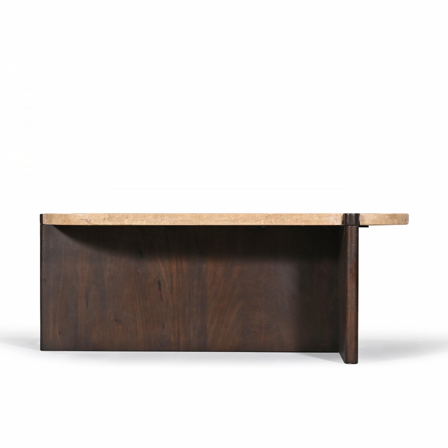Side profile of the Carter Marble Coffee Table on a white background, highlighting the substantial timber base and slim natural marble top.