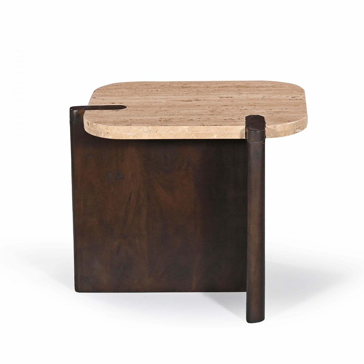 Front view of the Carter Marble Side Table on a white background, showcasing the rounded rectangular marble top and sculptural dark timber pedestal base.