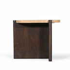 Side profile of the Carter Marble Side Table on a white background, emphasising the slim marble top and architectural timber base.