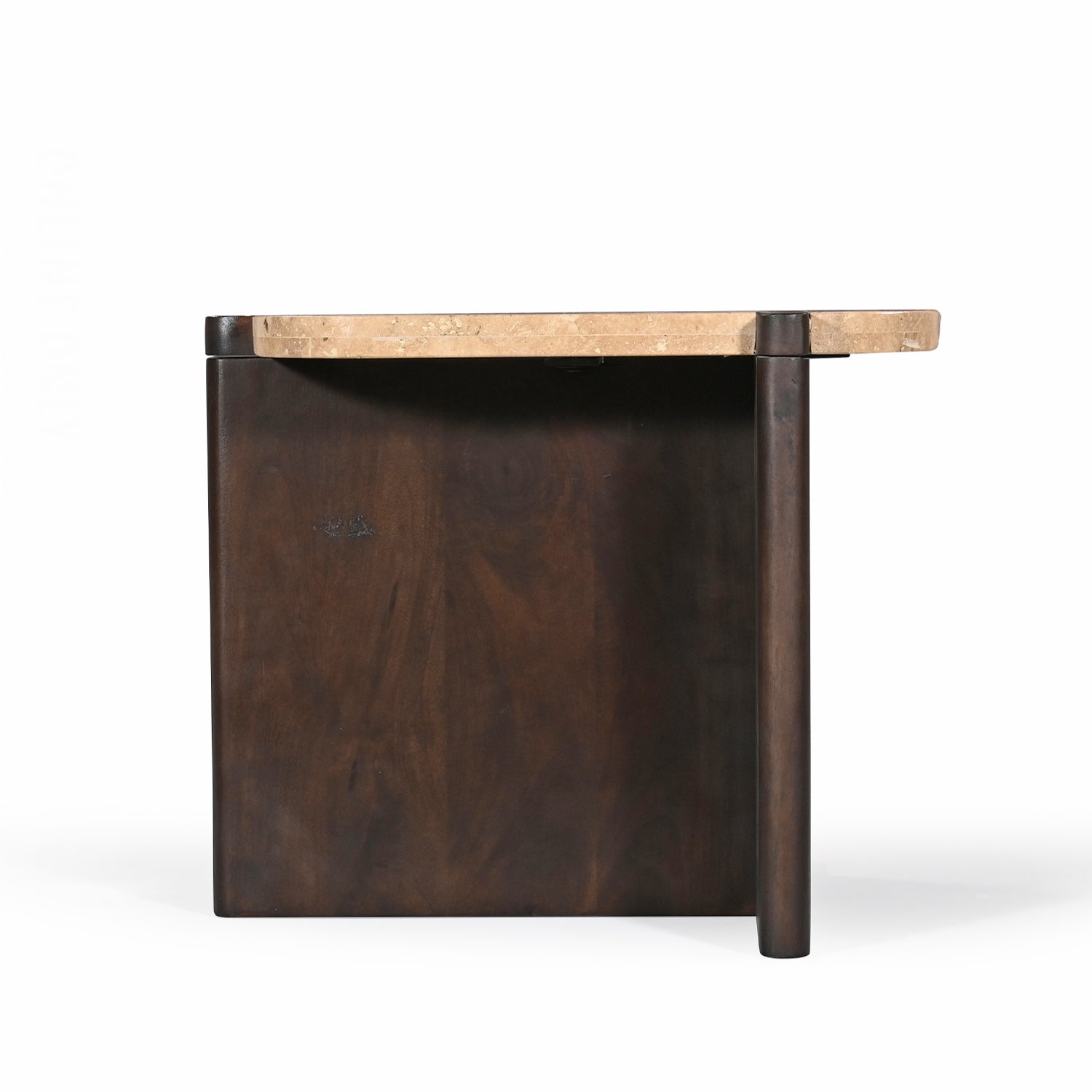 Side profile of the Carter Marble Side Table on a white background, emphasising the slim marble top and architectural timber base.