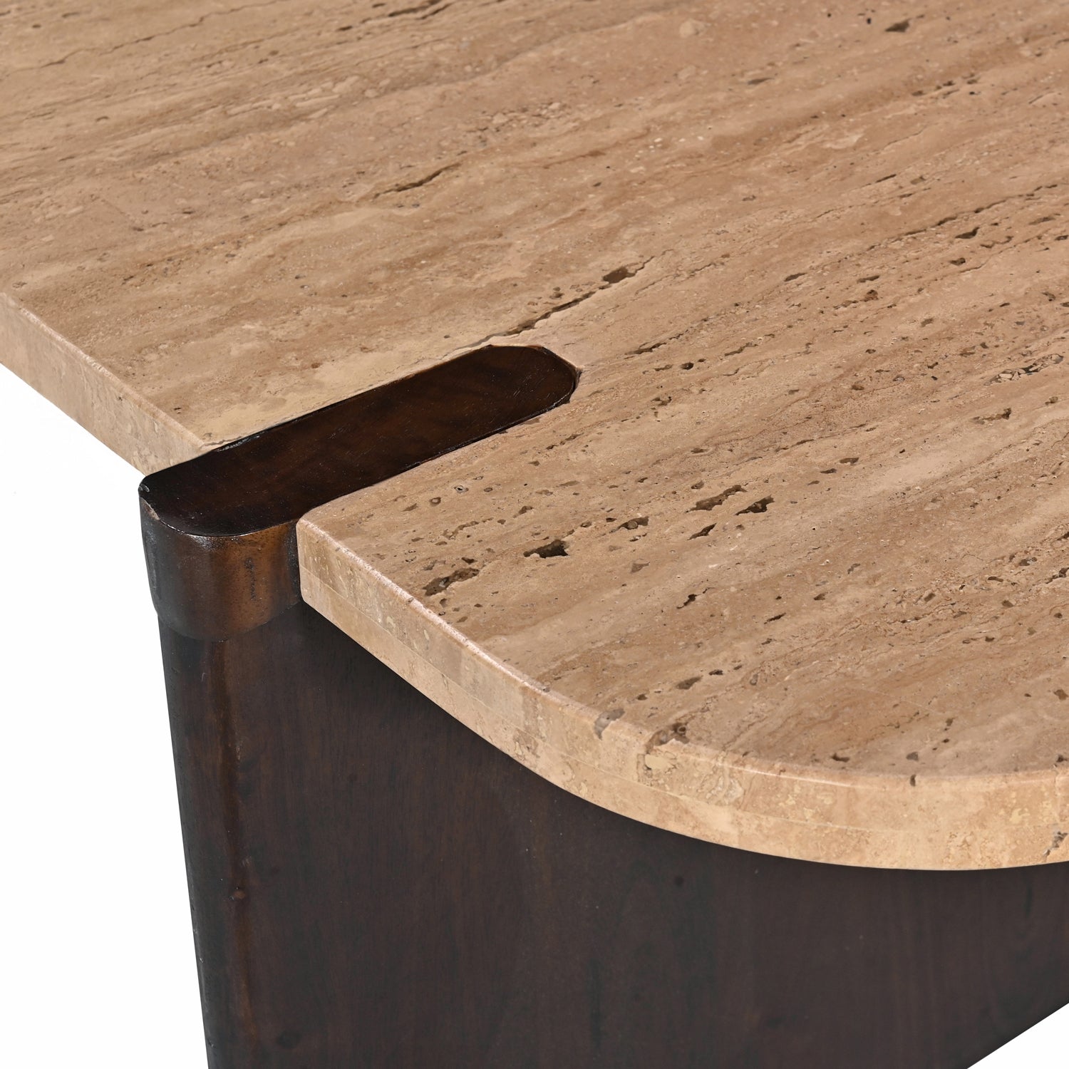 Close-up of the Carter Marble Side Table, highlighting the natural travertine marble top, rounded corners, and contrasting dark timber support detail.